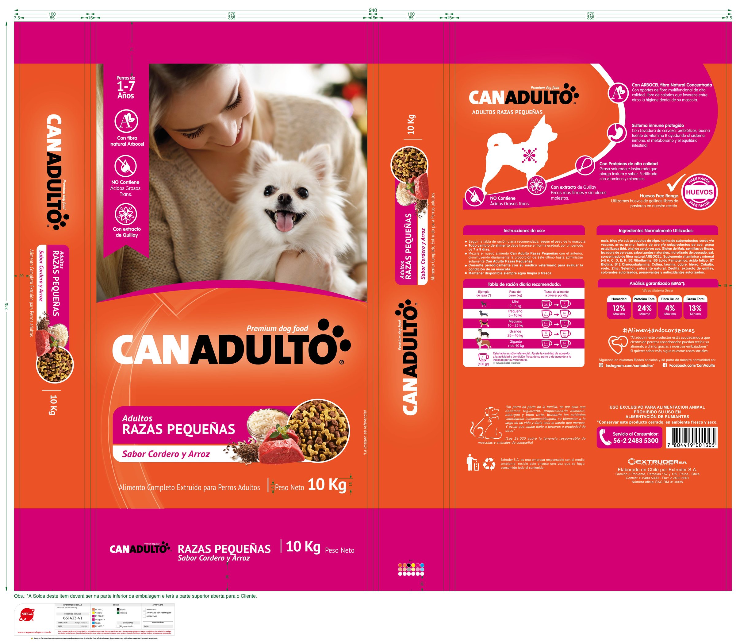 Plano extendido del saco CAN Adulto Razas Pequeñas anterior, en magenta y naranjo.