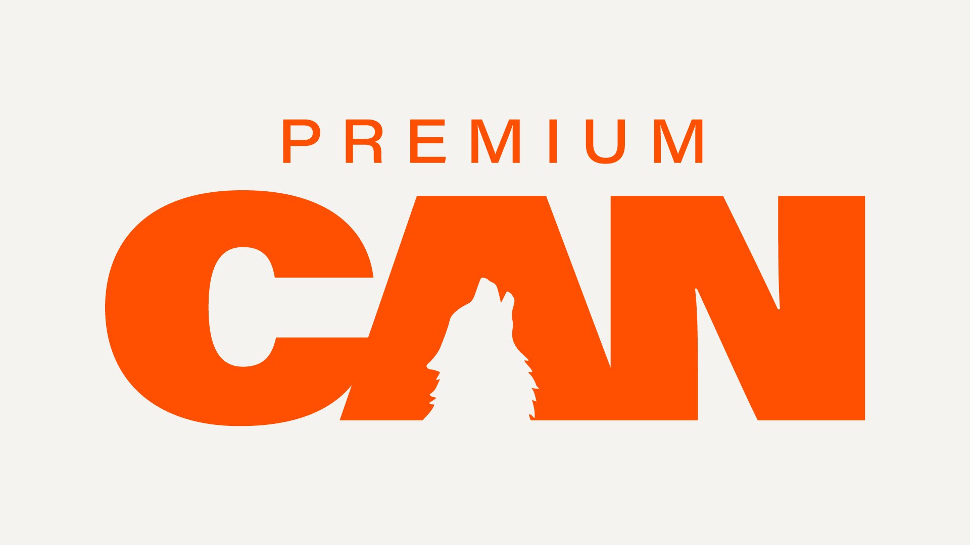 Logotipo CAN en naranjo, con el lobo aullando en la contraforma de la A y PREMIUM encima.