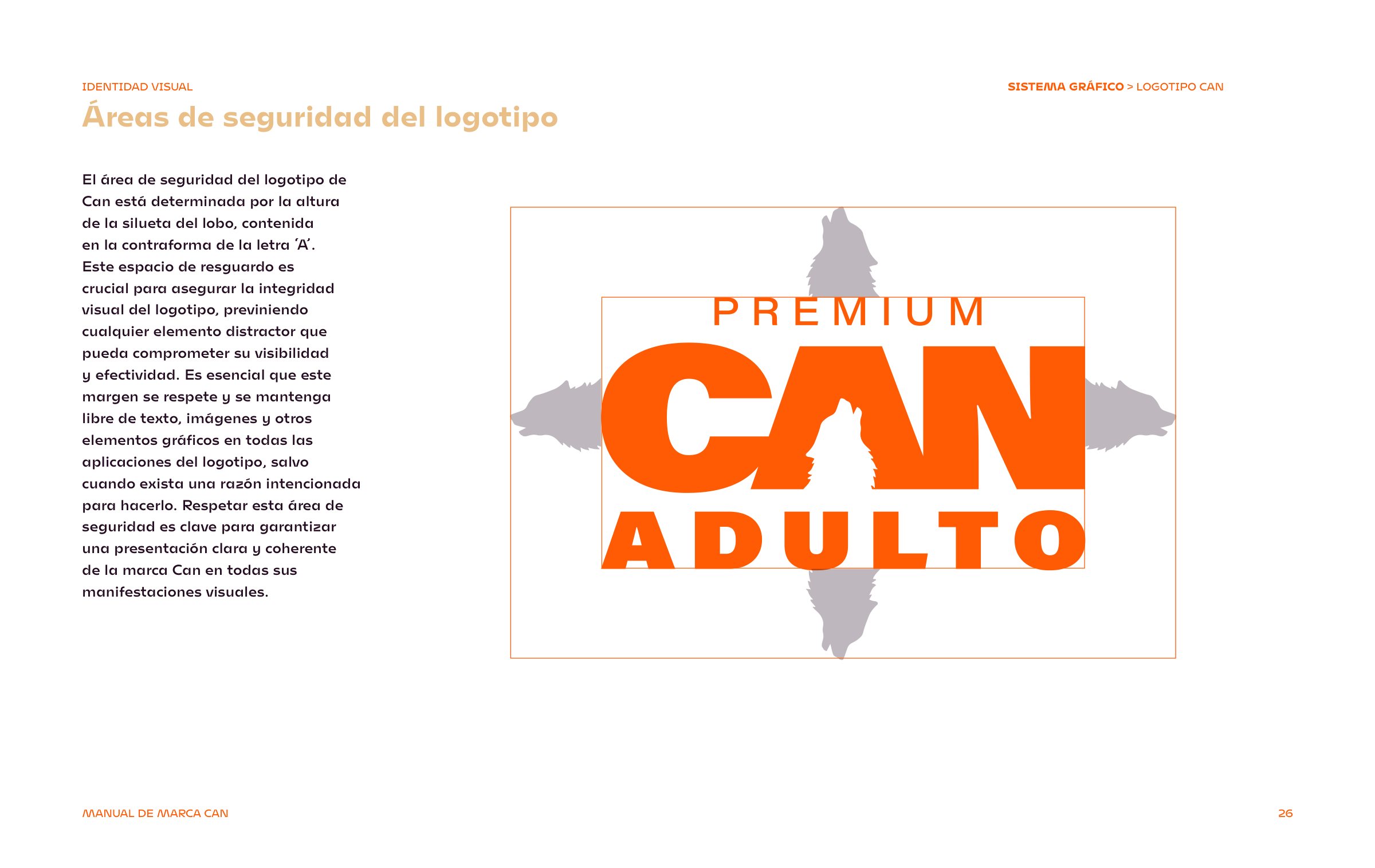 Lámina del manual con el área de seguridad del logotipo CAN Adulto, marcada con la silueta del lobo repetida en gris a cada lado.