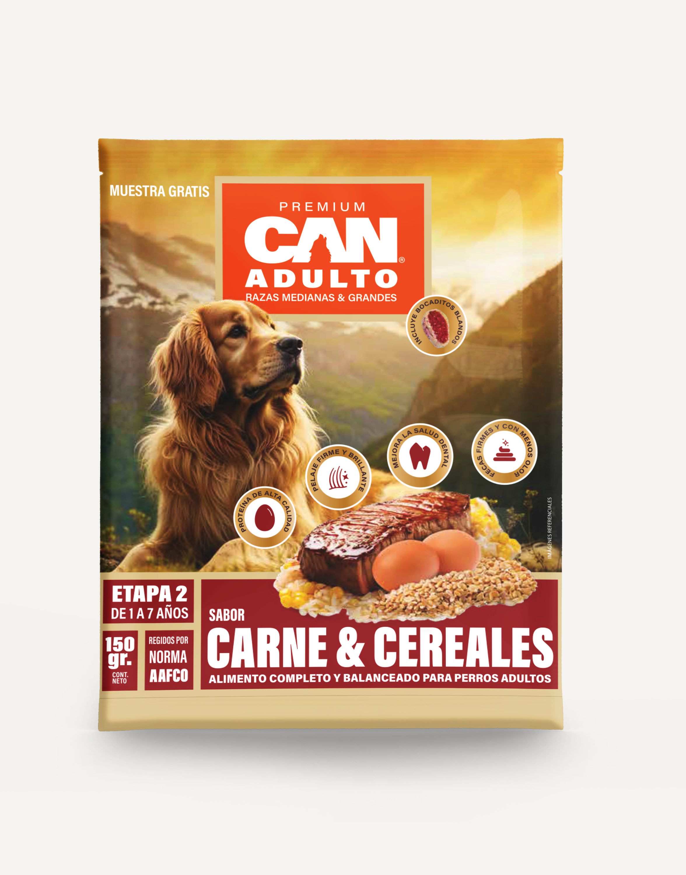 Render del sachet de muestra de 150 g de CAN Adulto Carne y Cereales.
