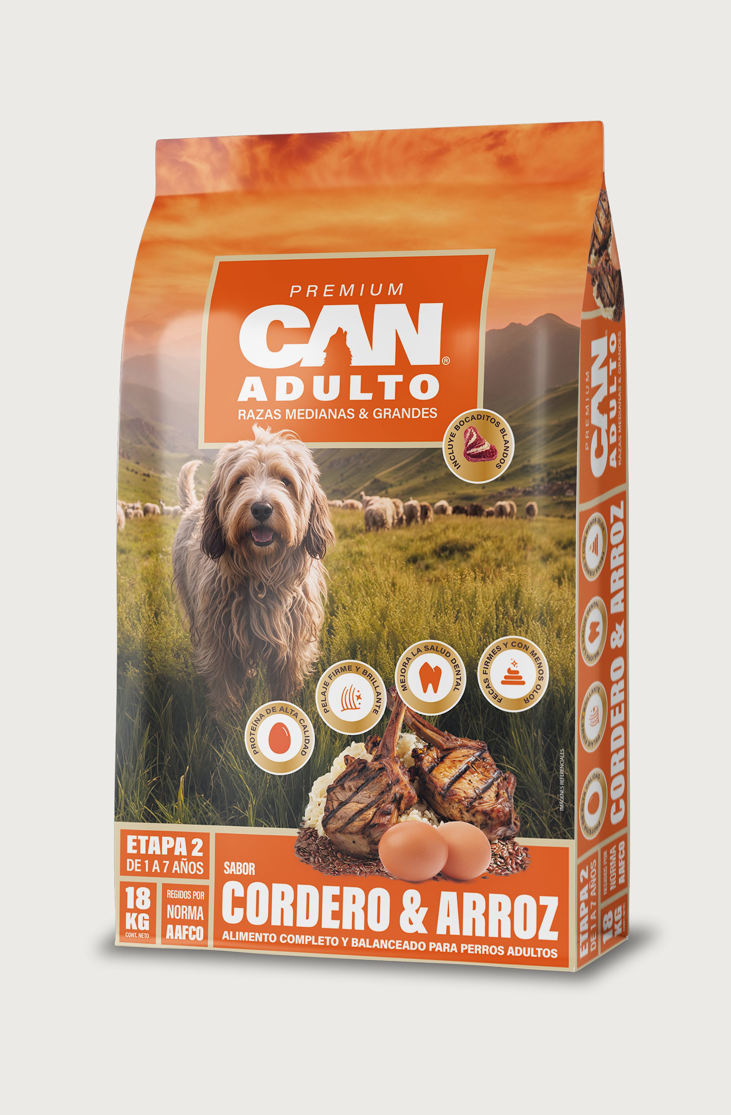 Render del saco CAN Adulto Cordero y Arroz de 18 kg.
