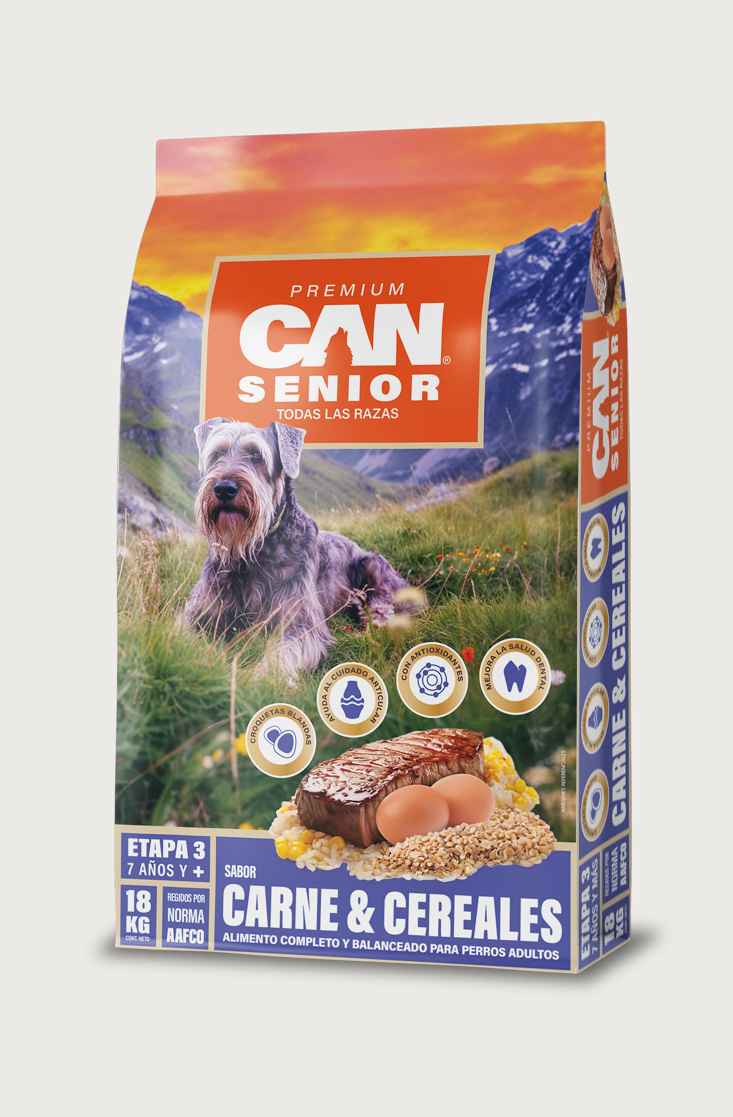 Render del saco CAN Senior Carne y Cereales.