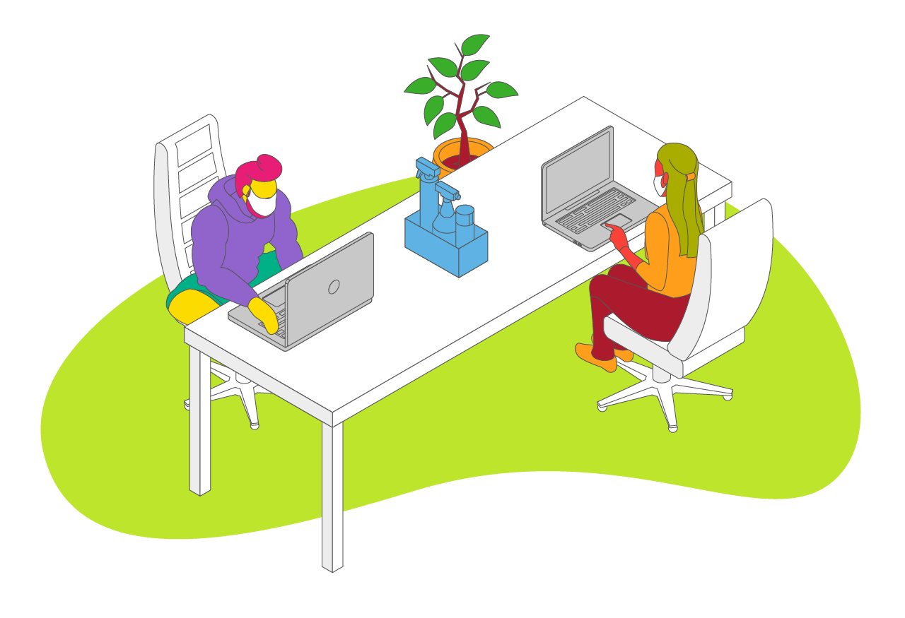 Ilustración isométrica de dos personas trabajando con distancia en una mesa compartida.