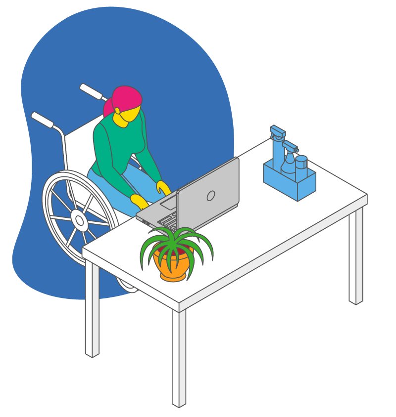 Ilustración isométrica de una persona en silla de ruedas en una sala de encuentro remoto.