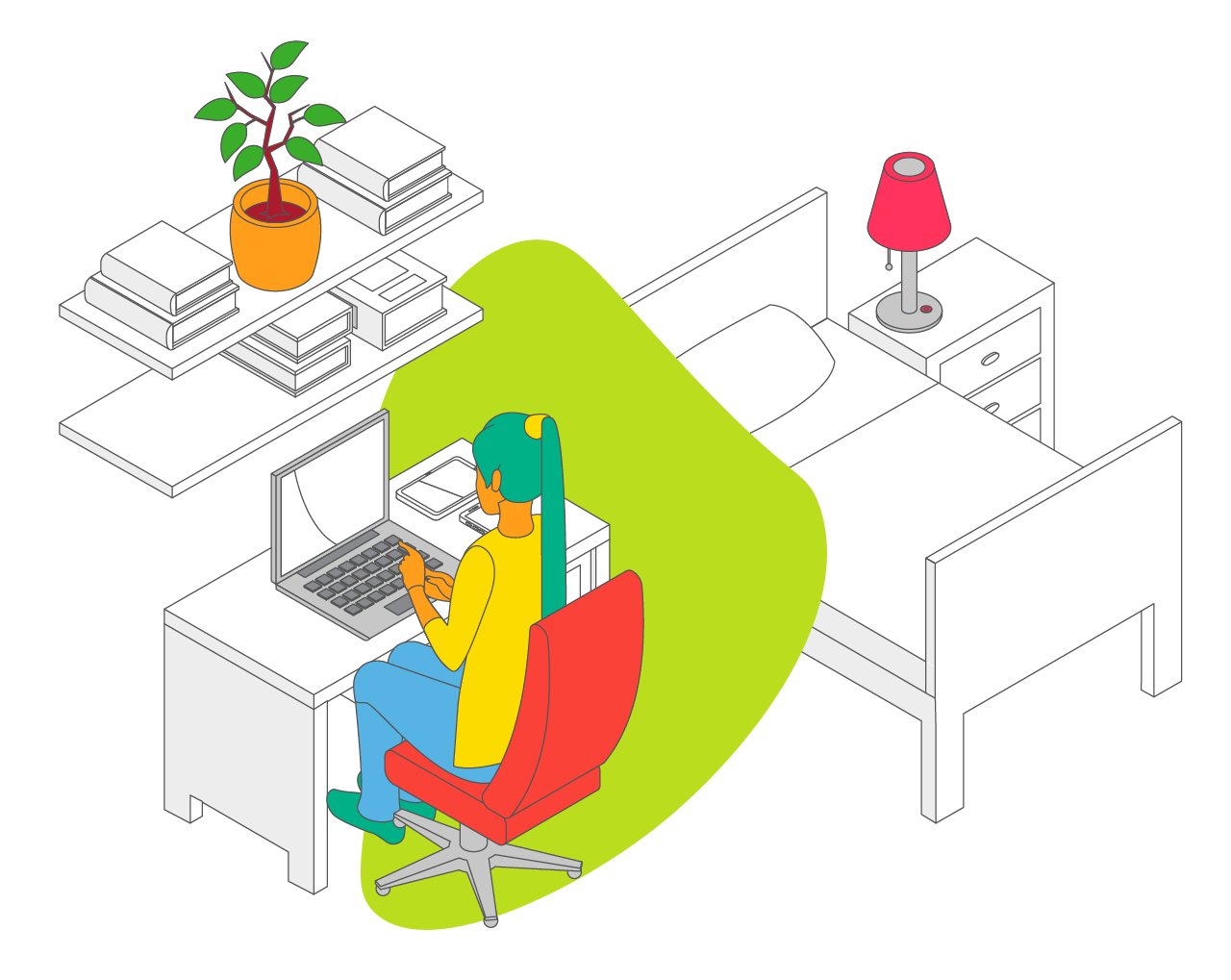 Ilustración isométrica de una persona teletrabajando en su dormitorio.