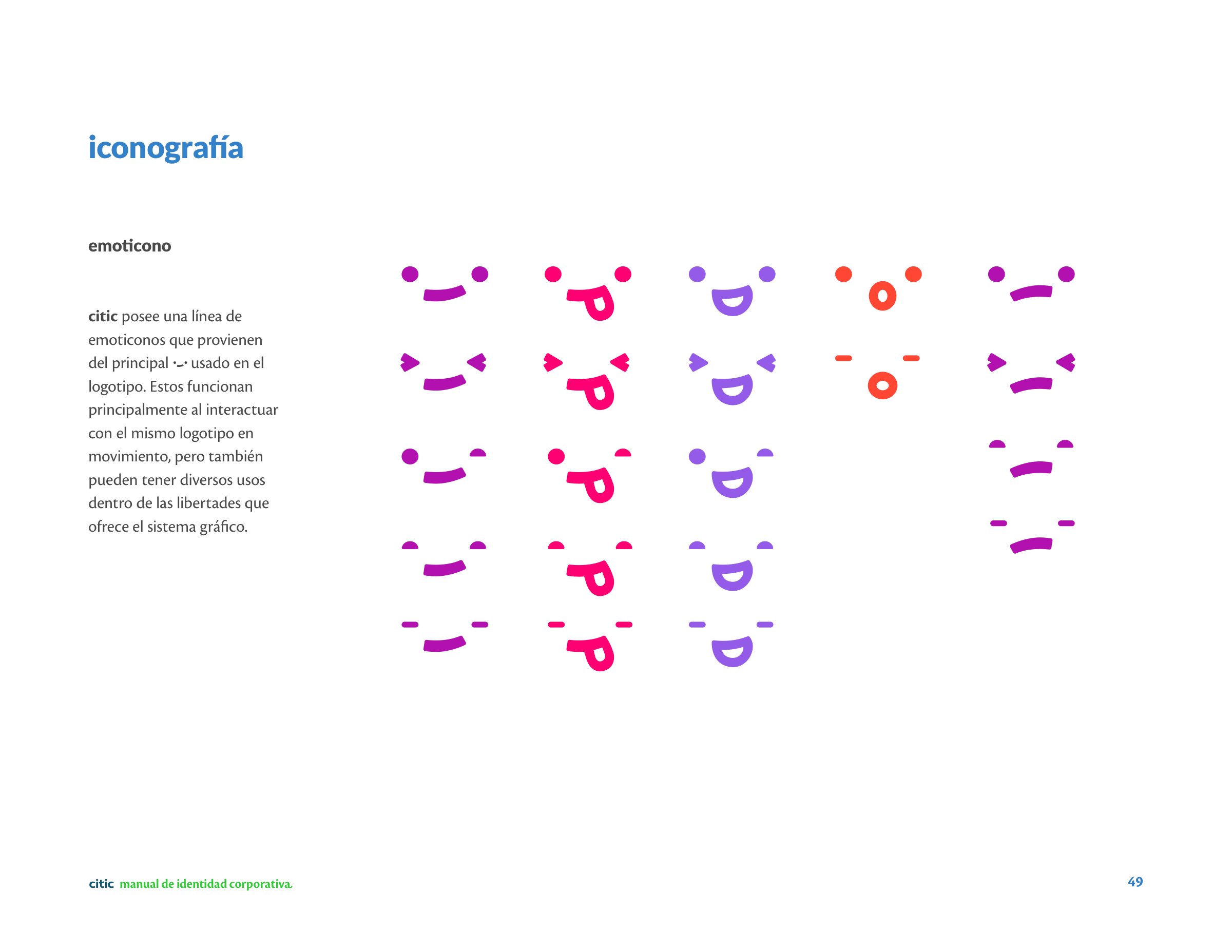 Página del manual con los emoticonos de Citic en rosados y violetas.
