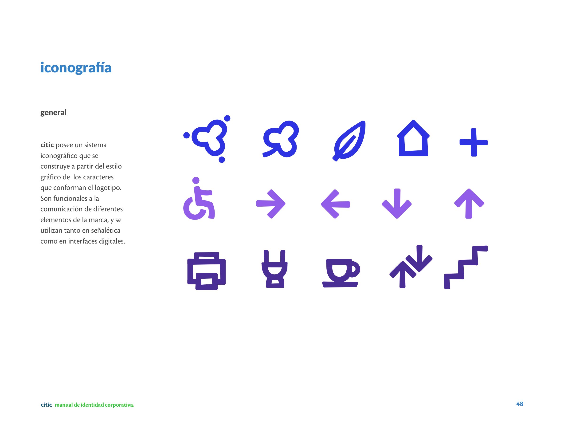 Página del manual con la iconografía general de Citic: flechas, accesibilidad, impresora, café y escalera.