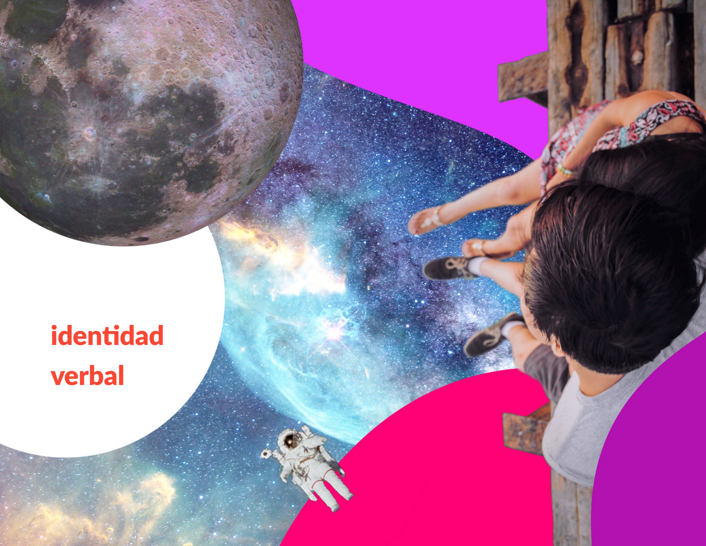 Portada del capítulo «identidad verbal» del manual de Citic: dos personas vistas desde arriba, sentadas en un muelle que flota sobre una galaxia, con la Luna, un astronauta y formas fluidas rosadas.