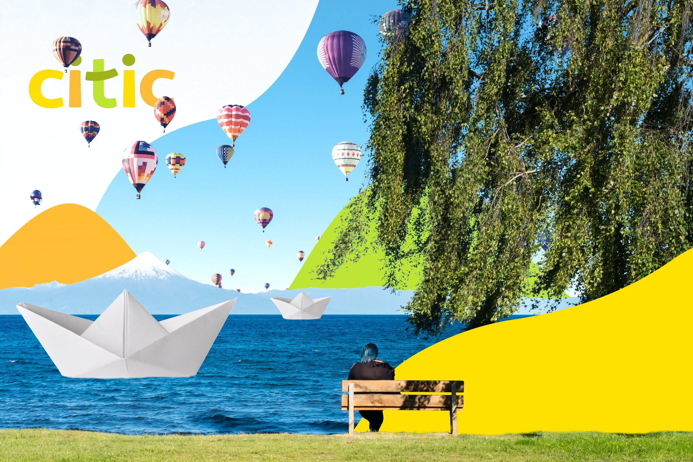 Montaje fotográfico de Citic: globos sobre el lago Llanquihue, barcos de papel y formas fluidas amarillas y verdes.