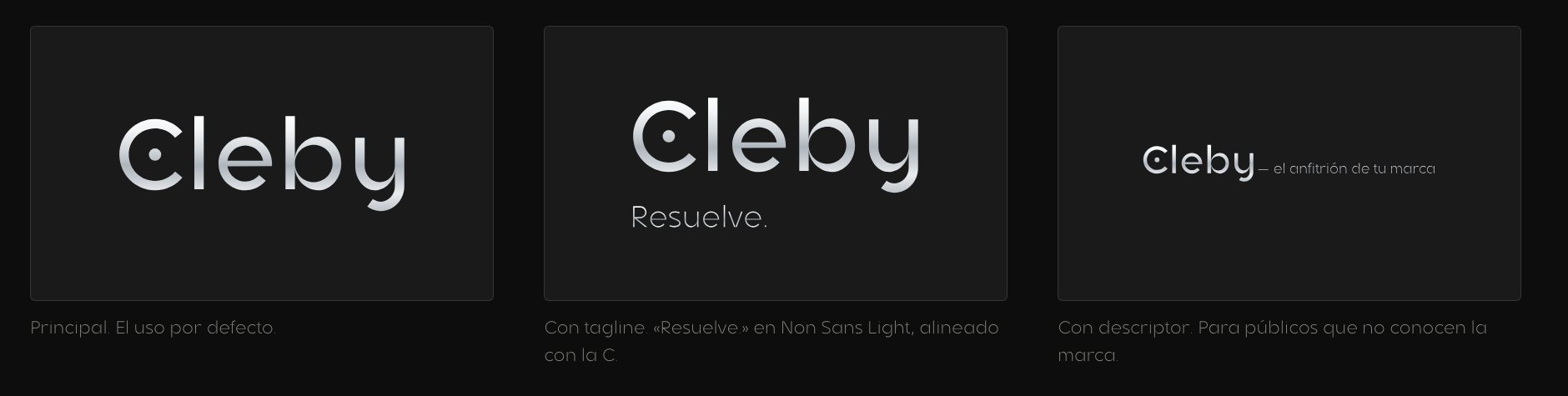 Versiones del logotipo en cromo: principal, con «Resuelve.» y con el descriptor «el anfitrión de tu marca».