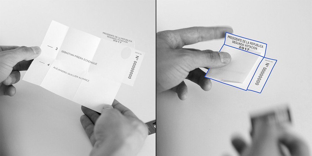 Fotografías en blanco y negro de manos que doblan una papeleta electoral.