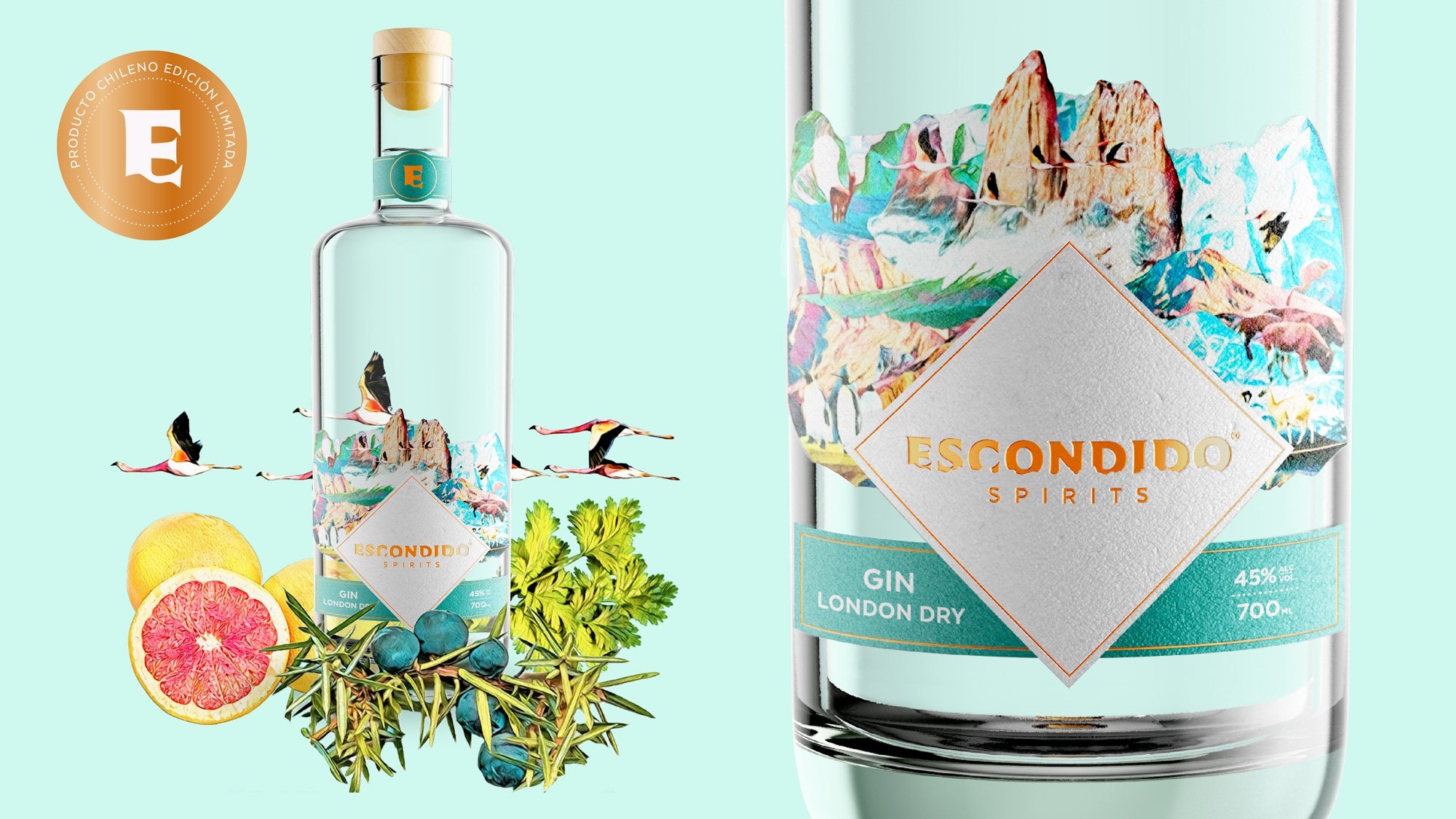 Botella de Escondido Gin London Dry: plano general con ingredientes y detalle de la etiqueta.