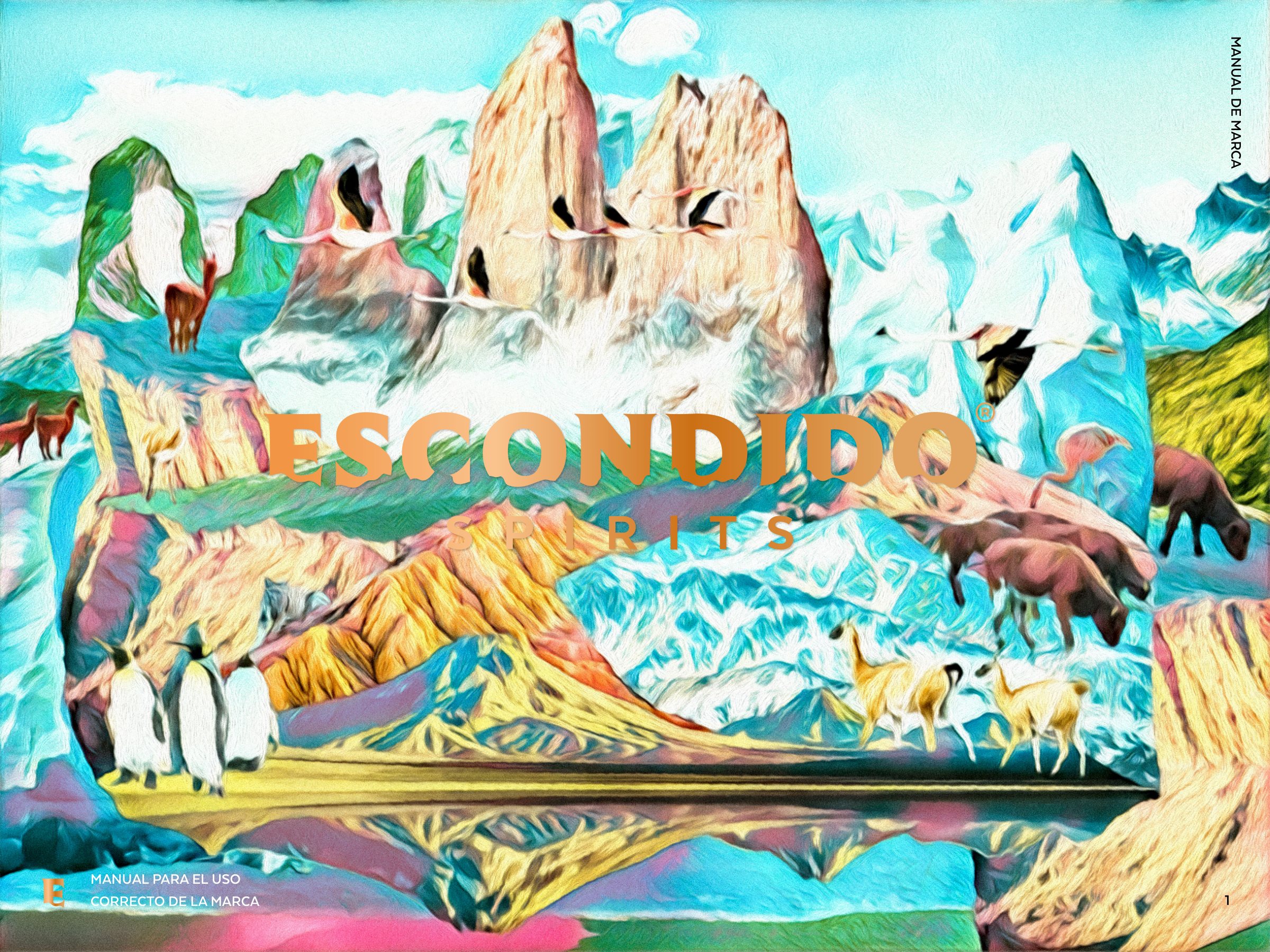 Portada del manual de marca de Escondido, con un collage de las Torres del Paine.