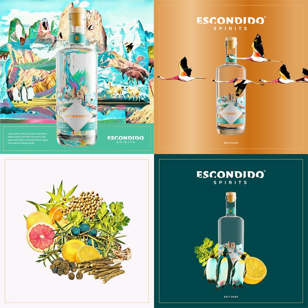 Grilla de redes: la botella sobre collages, flamencos e ingredientes.