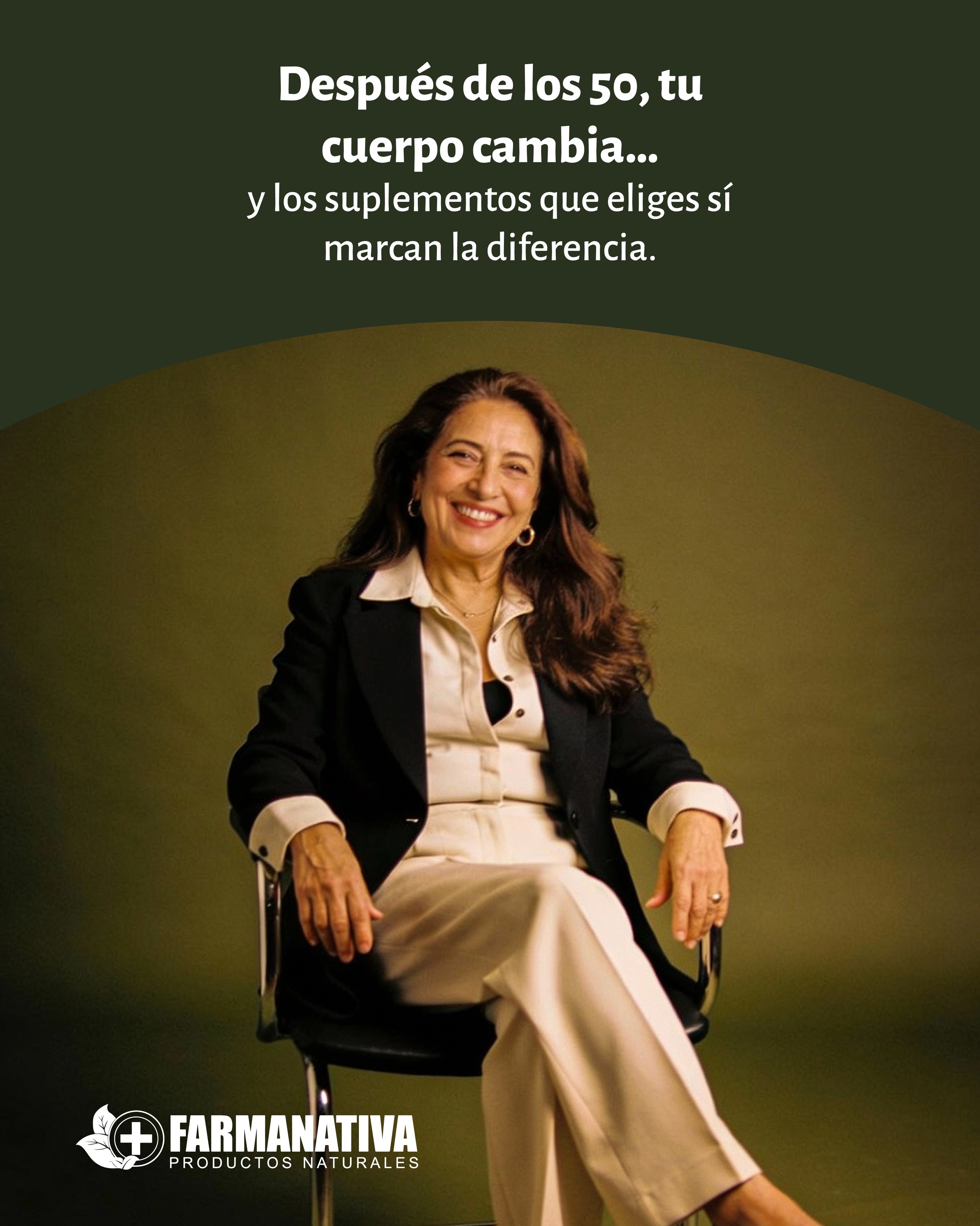 Portada de carrusel «Después de los 50, tu cuerpo cambia», retrato de una mujer sobre verde.