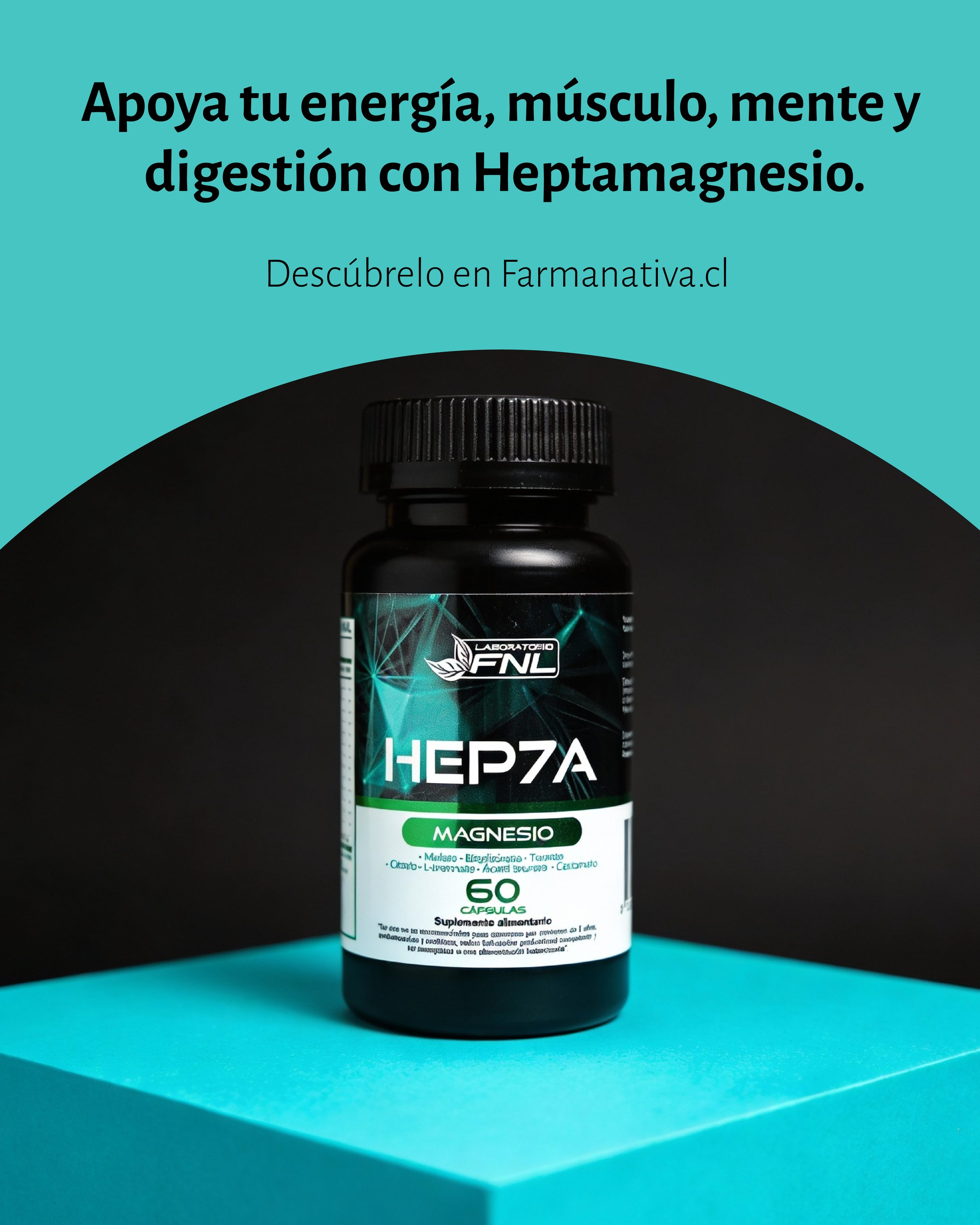 Lámina de Heptamagnesio: frasco negro sobre un cubo turquesa.