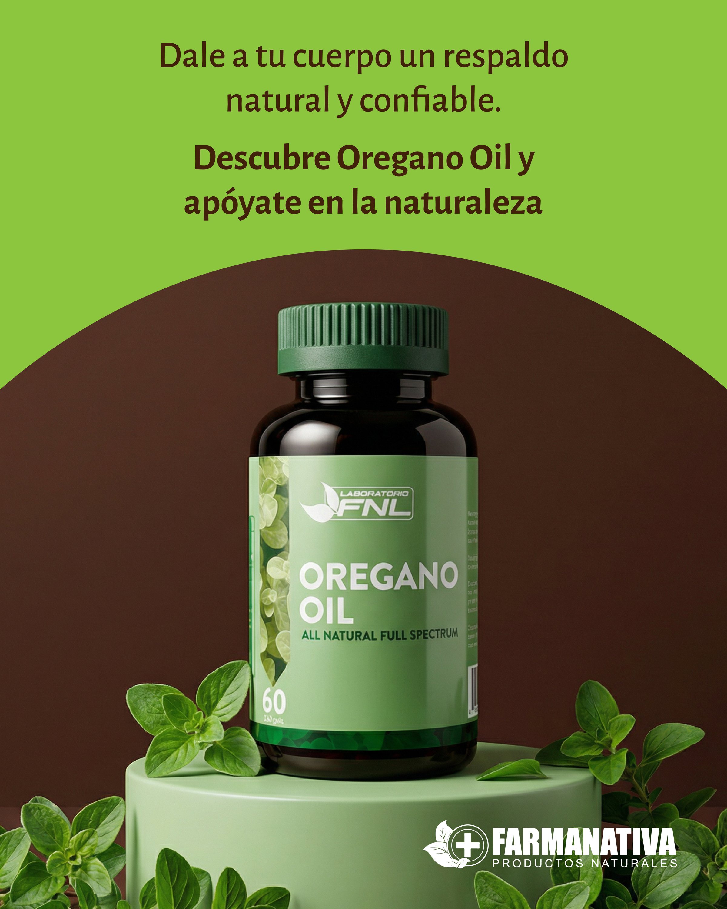 Lámina de Oregano Oil: frasco verde sobre un pedestal entre hojas de orégano.