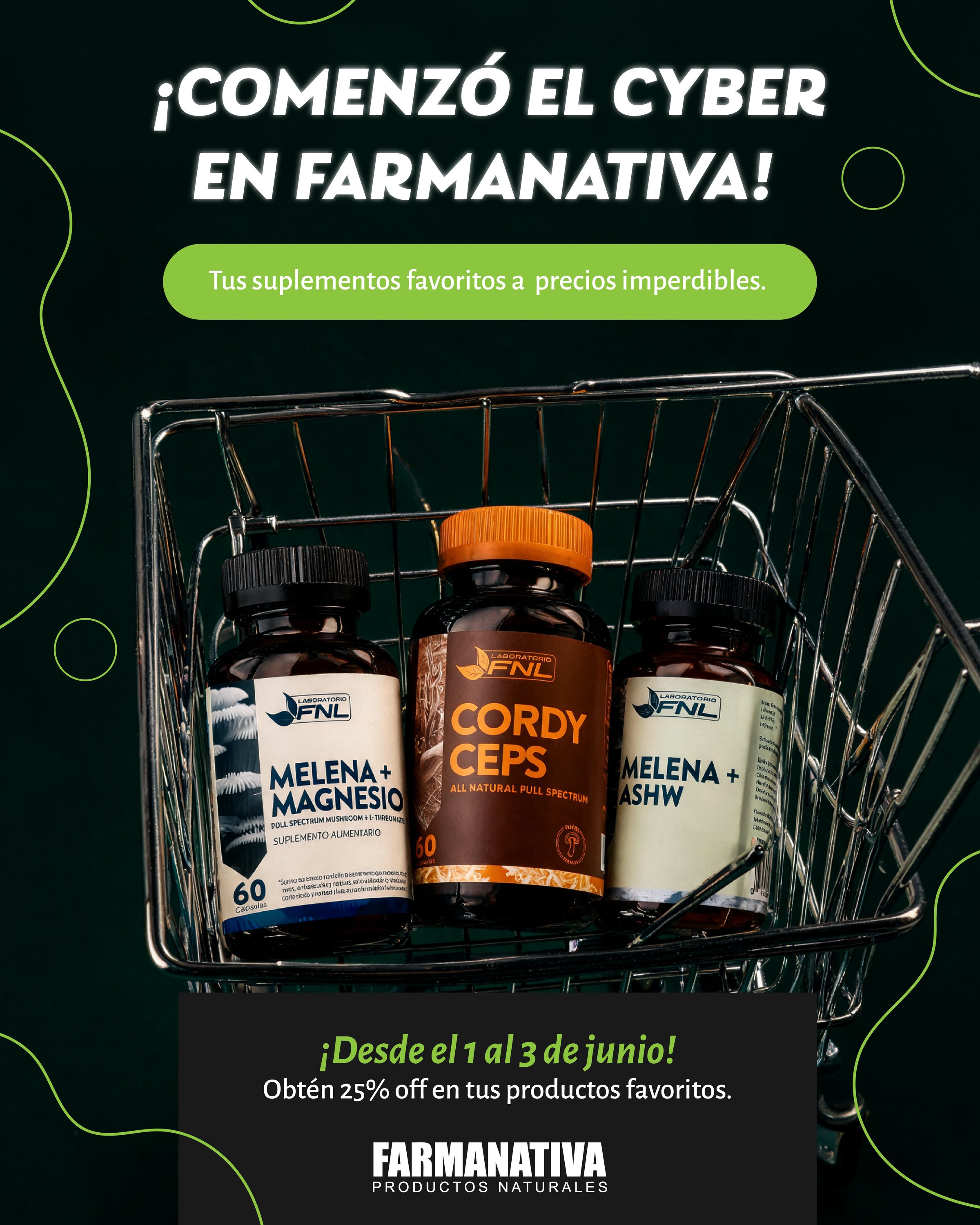 Post «¡Comenzó el Cyber en Farmanativa!» con tres frascos en un carro de compras.