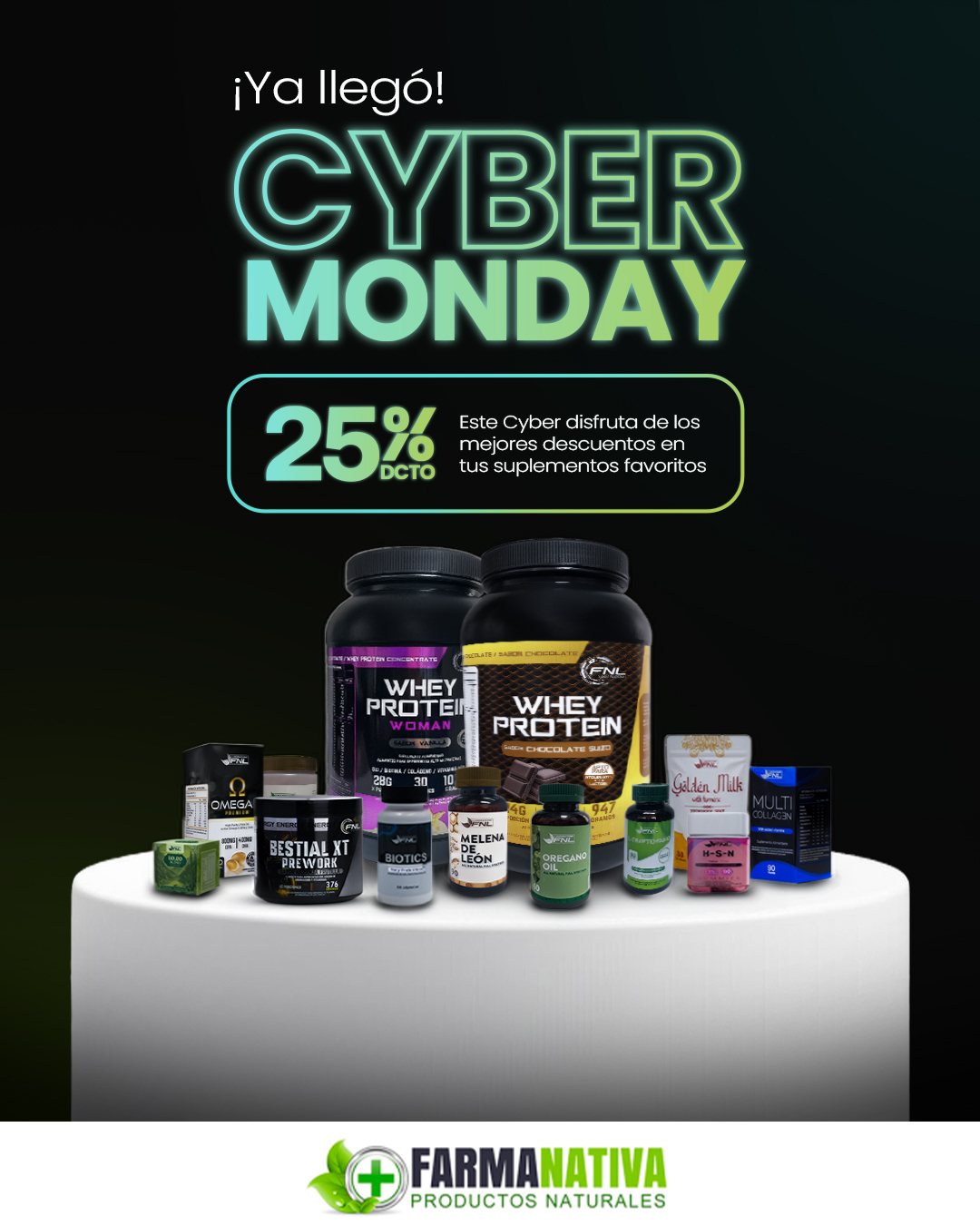 Key visual del Cyber Monday 2025: neón verde sobre negro y productos en un pedestal blanco.