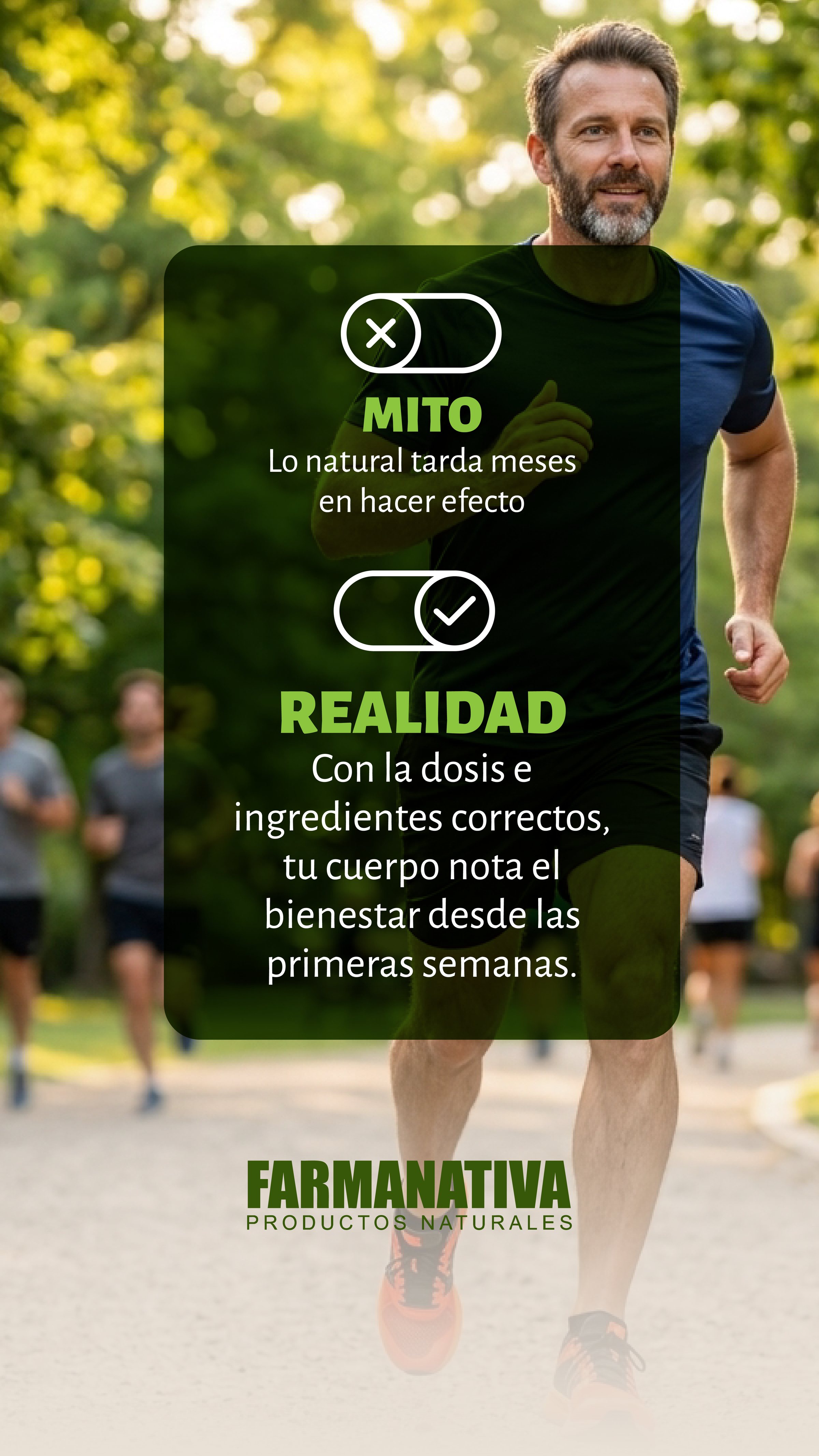Historia «Mito / Realidad» con dos interruptores sobre la foto de un hombre que corre.