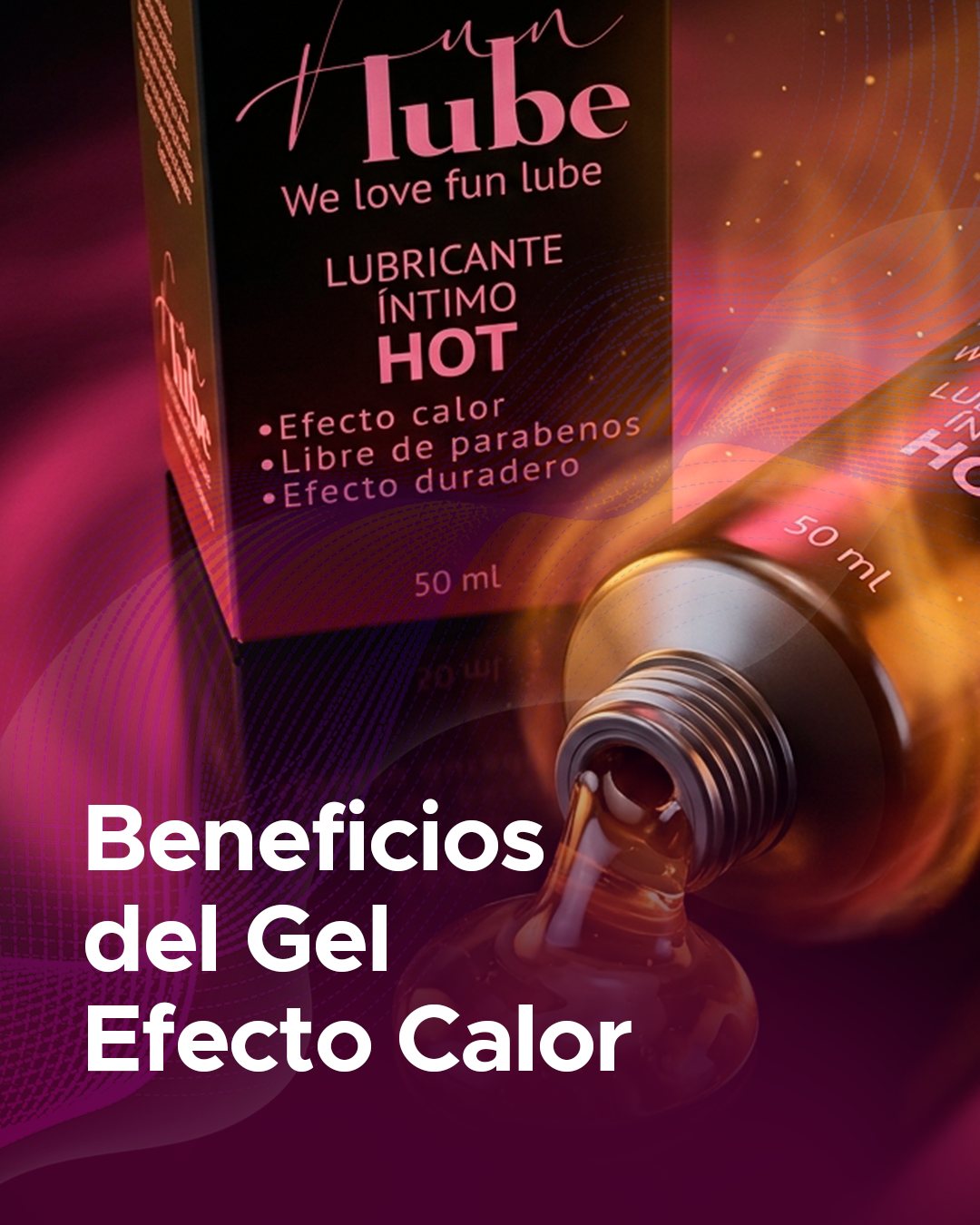 Portada de carrusel «Beneficios del gel efecto calor», tubo abierto entre llamas.