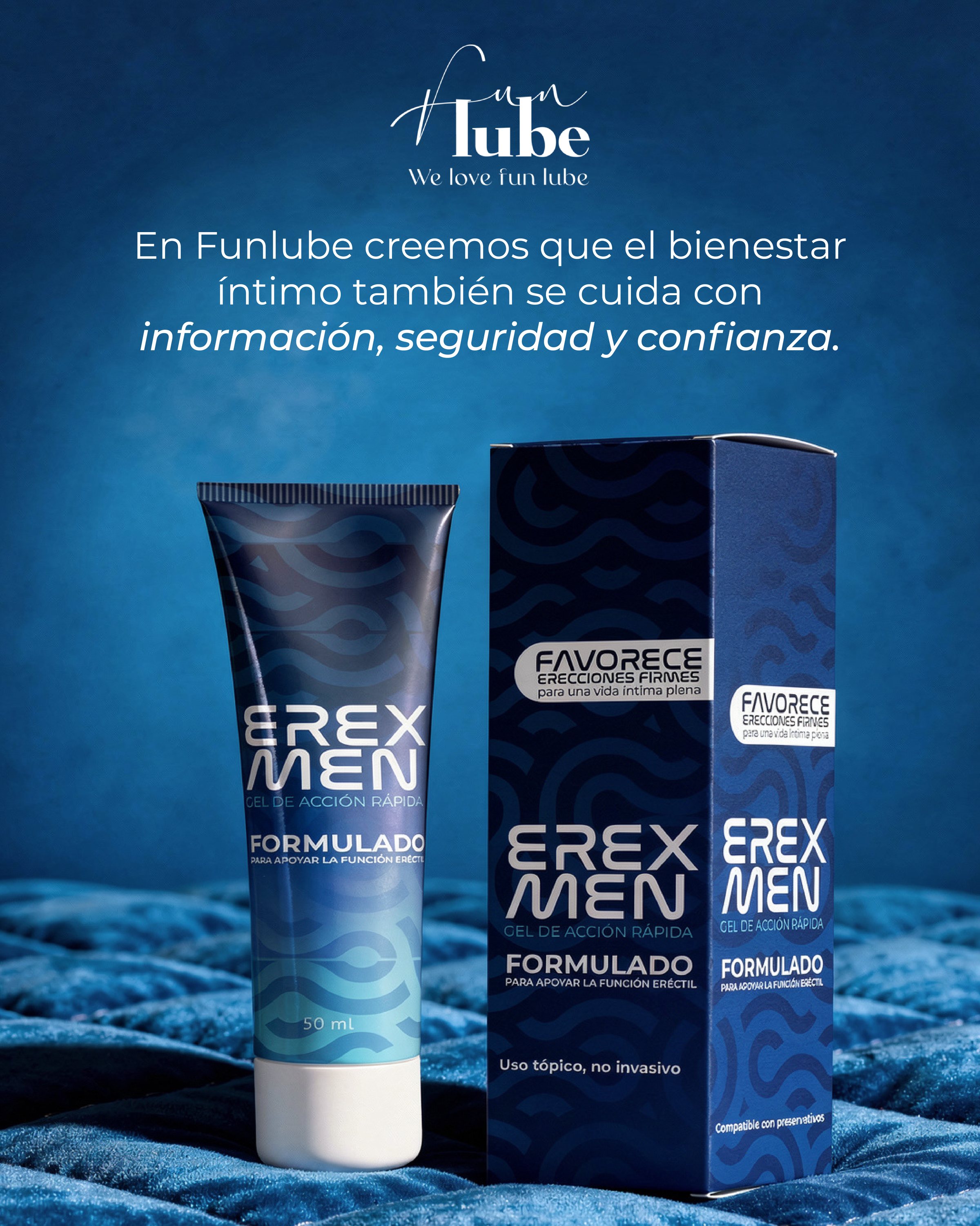 Lámina de Erexmen: tubo y caja azules sobre terciopelo azul.
