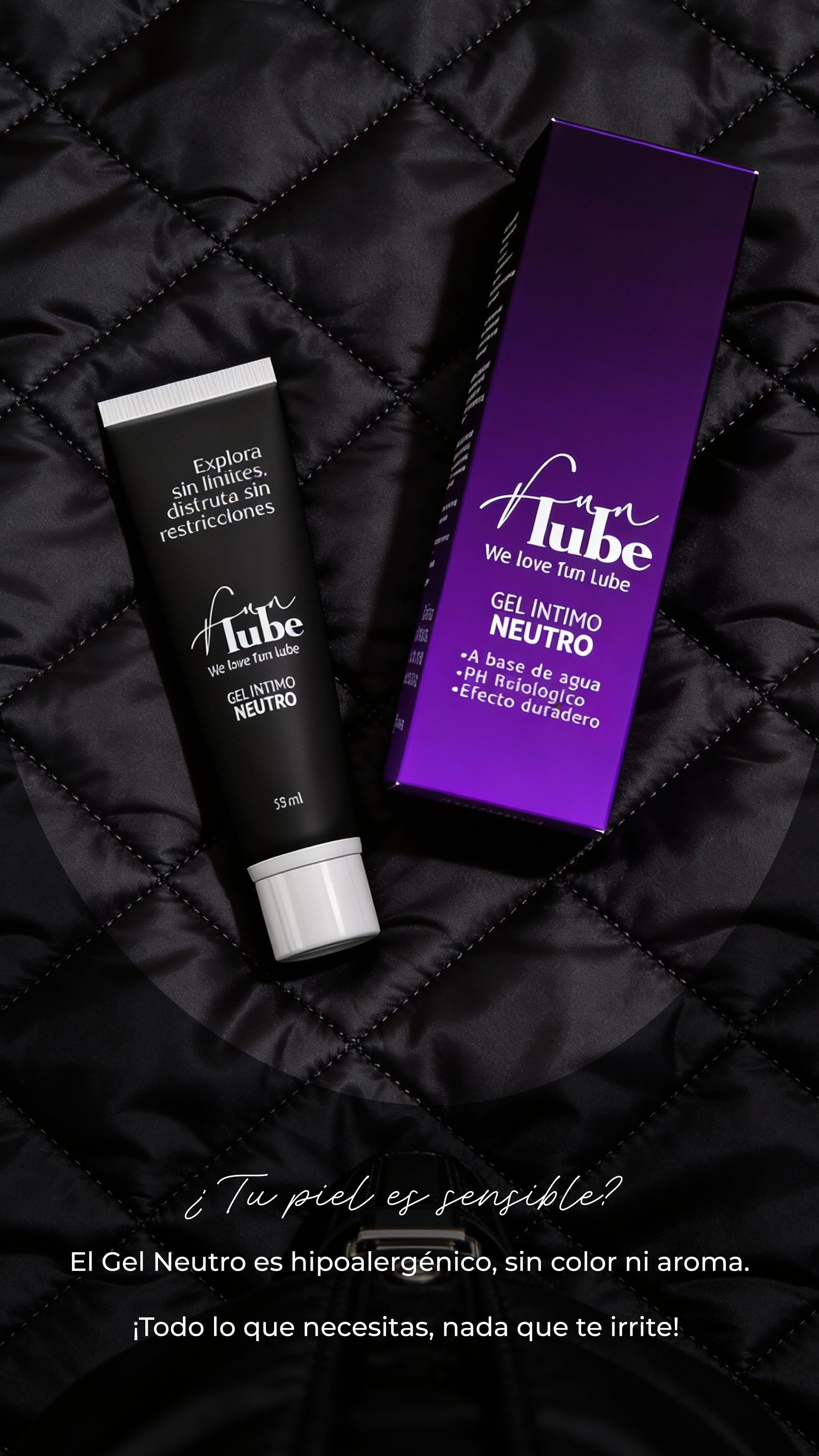 Historia del gel neutro: tubo y caja sobre acolchado negro, «¿Tu piel es sensible?».