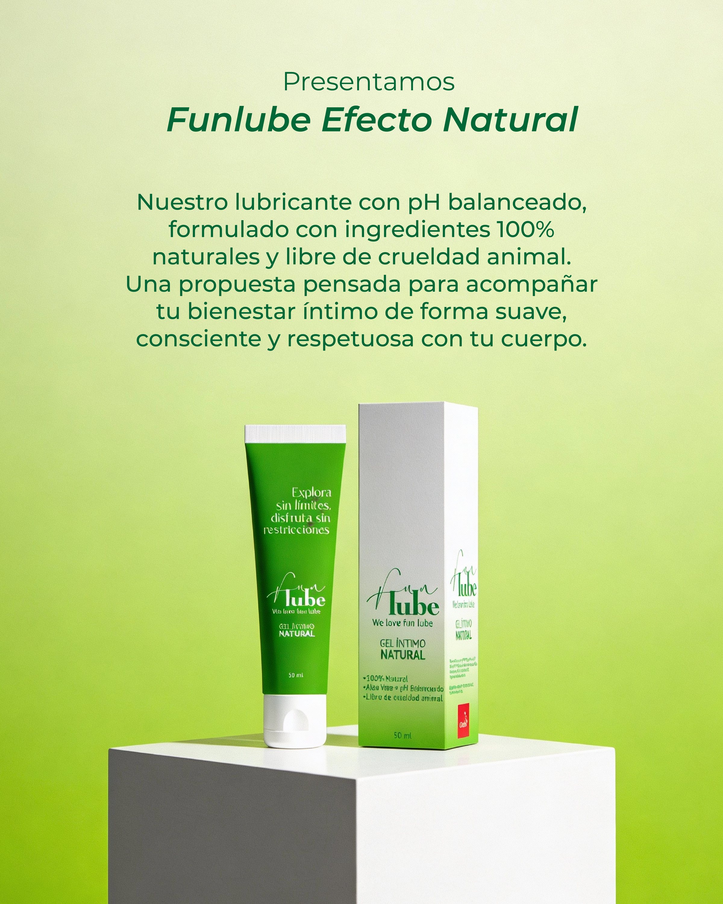 Lanzamiento de FunLube Efecto Natural: tubo y caja verdes sobre un cubo blanco.