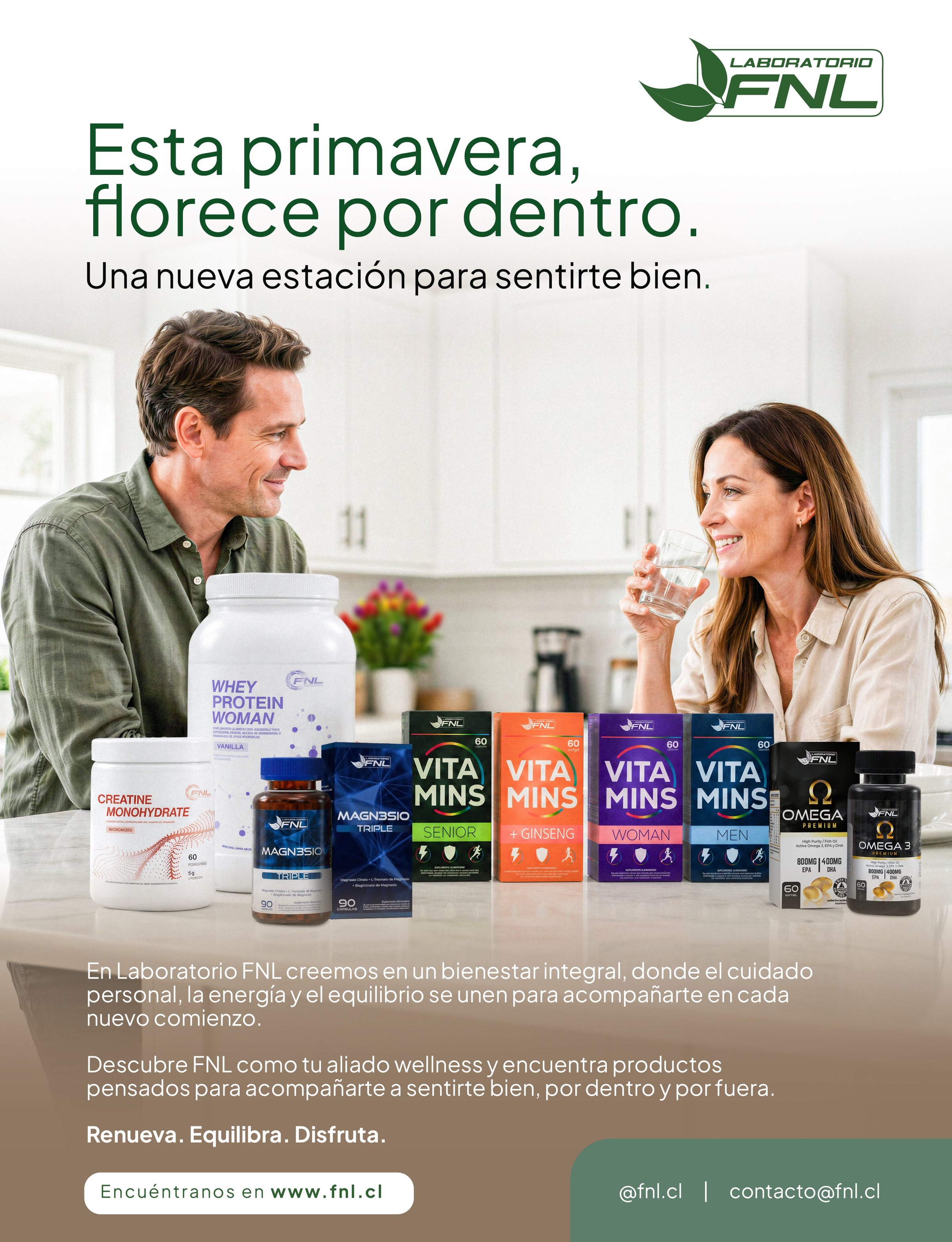 Aviso de Laboratorio FNL para la revista Velvet: una pareja en la cocina y la línea de productos, «Esta primavera, florece por dentro».