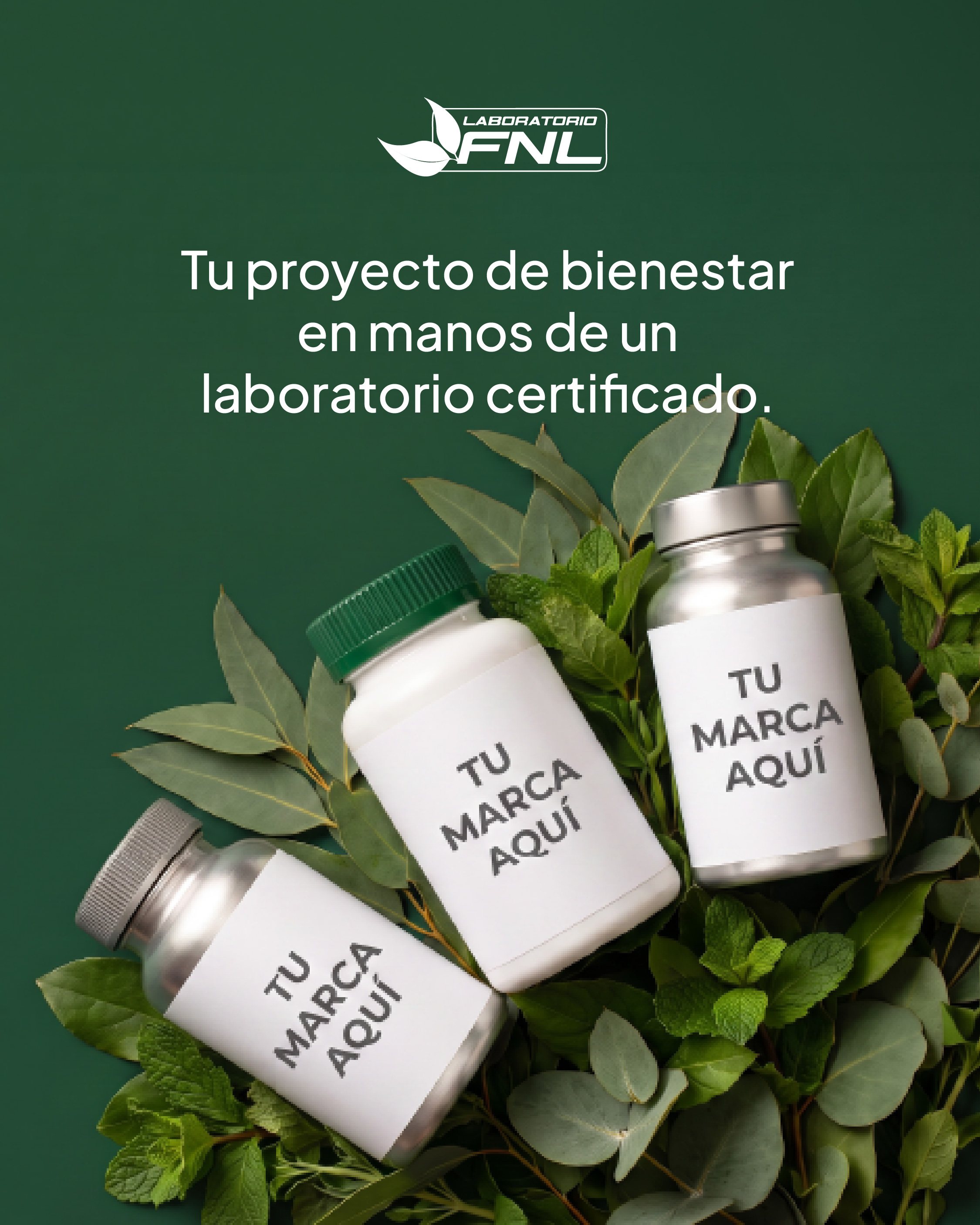 Post de LinkedIn: frascos «Tu marca aquí» entre hojas verdes.
