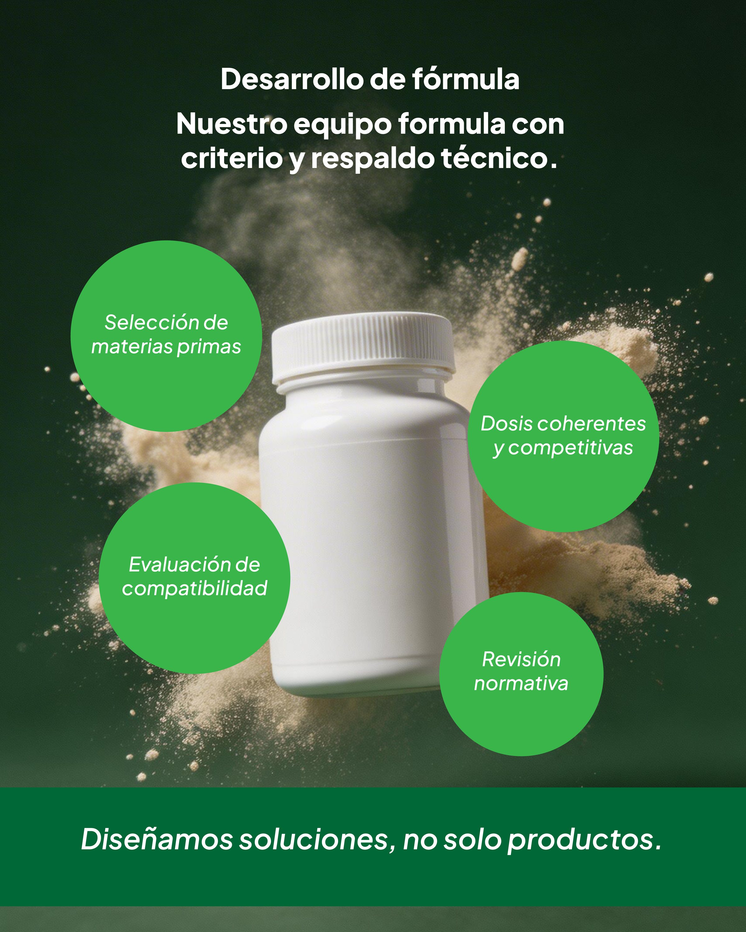 Post «Desarrollo de fórmula»: círculos verdes con cada etapa alrededor de un envase.