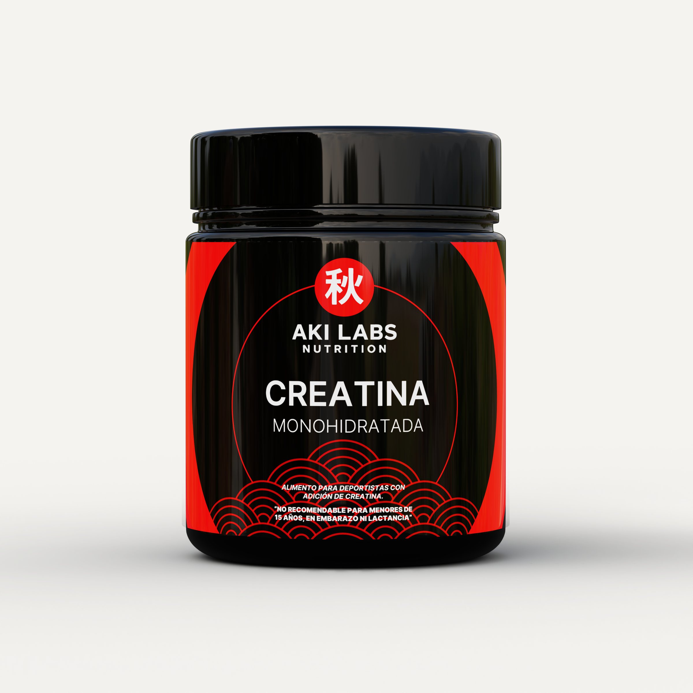 Mockup del pote de creatina monohidratada de AKI Labs Nutrition, en rojo y negro.