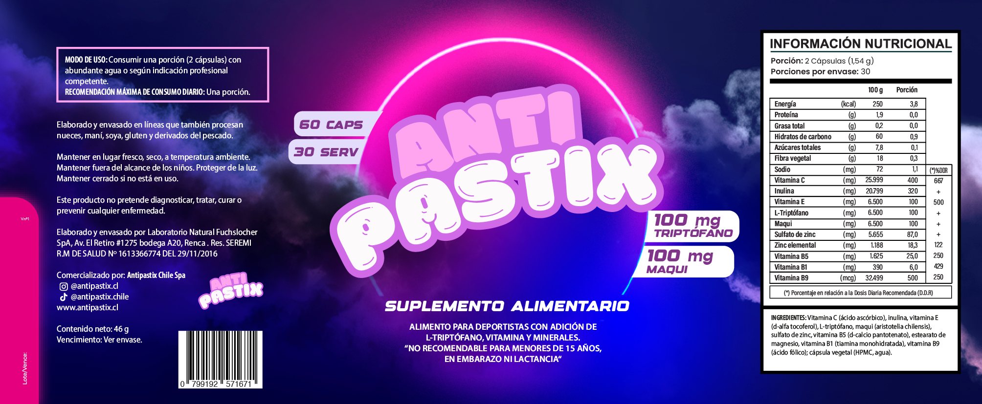 Etiqueta plana de Antipastix, letras de neón rosado sobre azul.