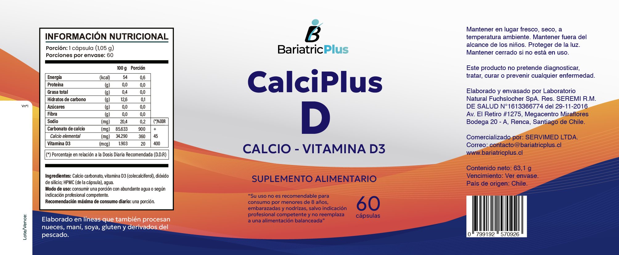Etiqueta plana de CalciPlus D de Bariatric Plus, con franjas naranja y azul.