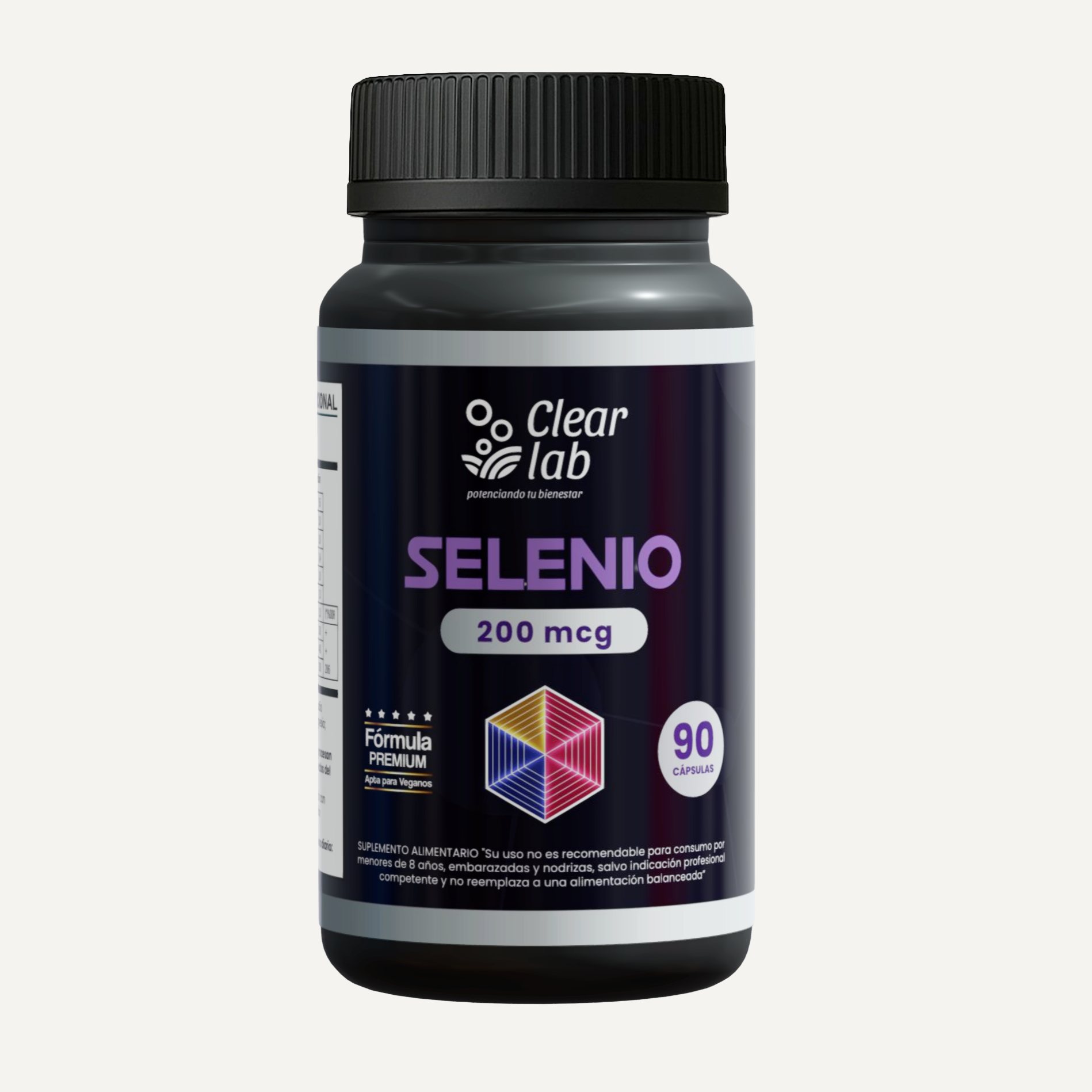 Mockup del frasco Selenio 200 mcg de Clear Lab, con un cubo de colores.