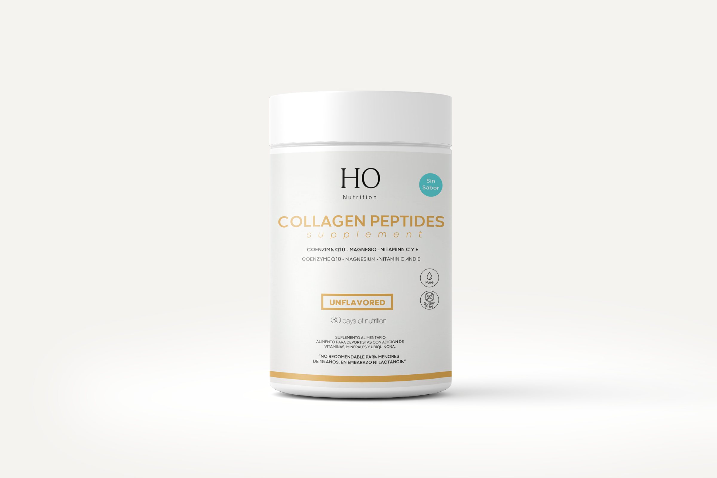 Mockup del pote blanco Collagen Peptides de HO Nutrition, con detalles dorados.