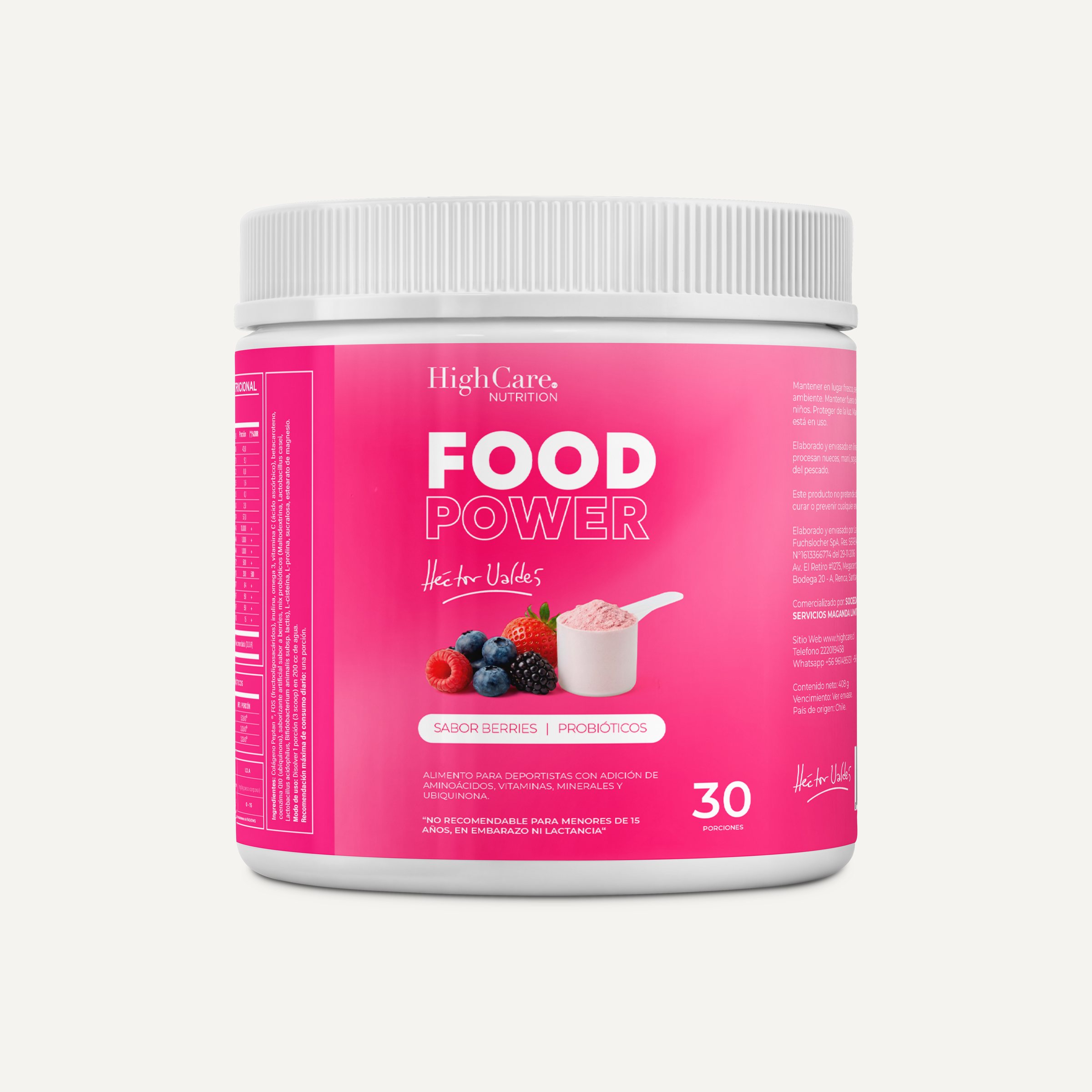 Mockup del pote Food Power posquirúrgico de High Care, en fucsia con frutos rojos.