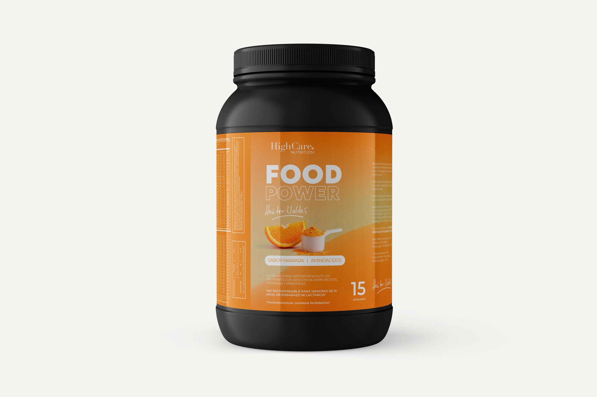 Mockup del tarro Food Power precirugía de High Care, en naranja.
