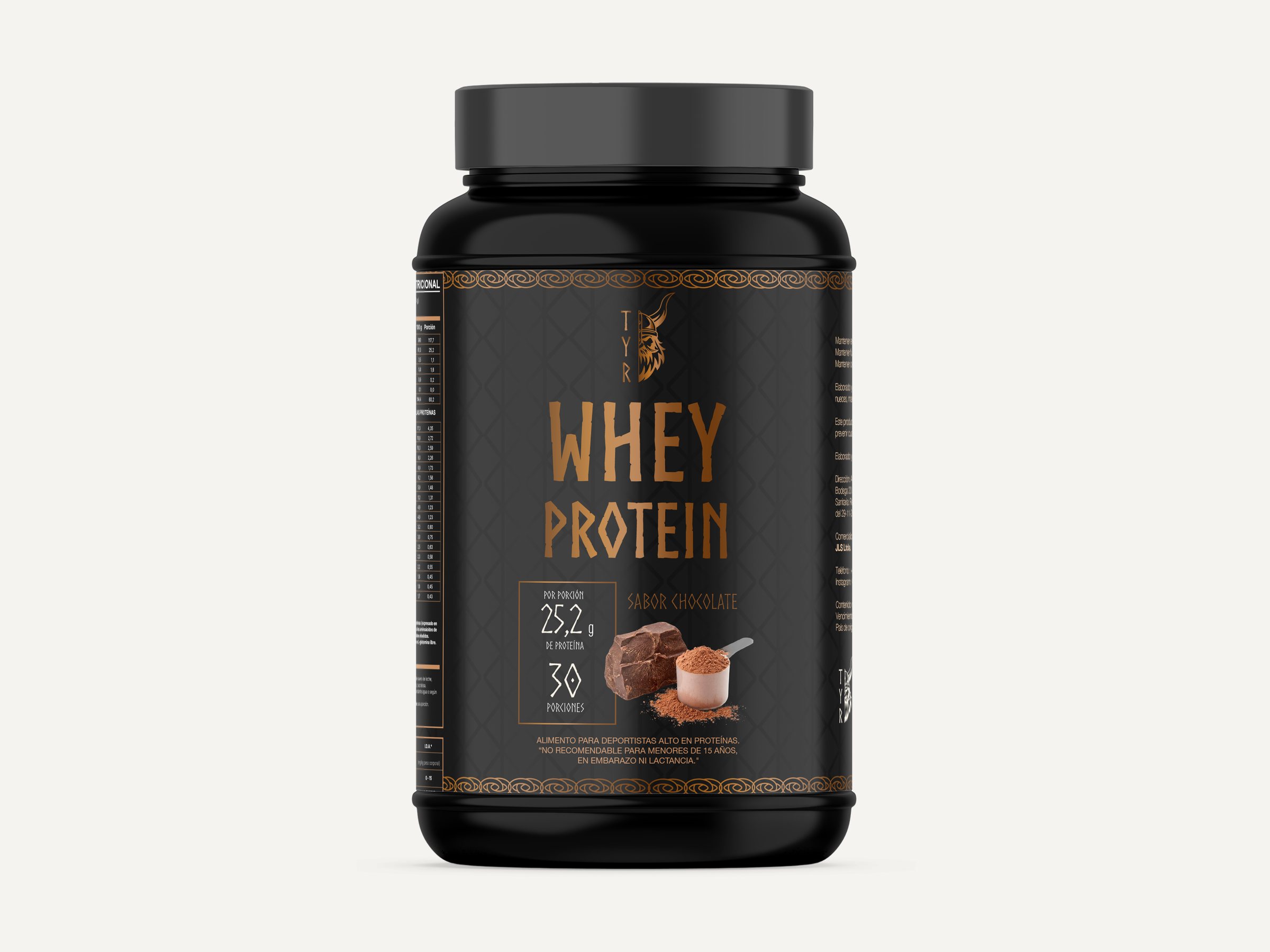 Mockup del tarro Whey Protein de TYR Labs, negro con letras cobrizas.
