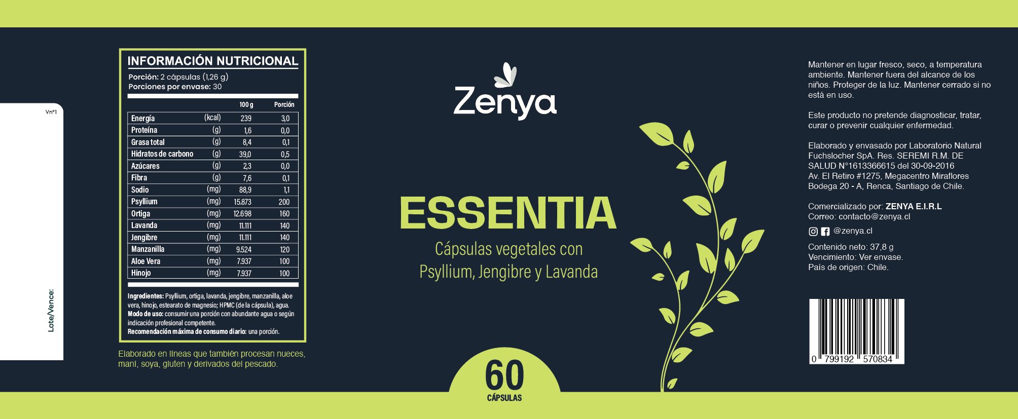 Etiqueta plana de Essentia de Zenya, azul oscuro con una rama verde.