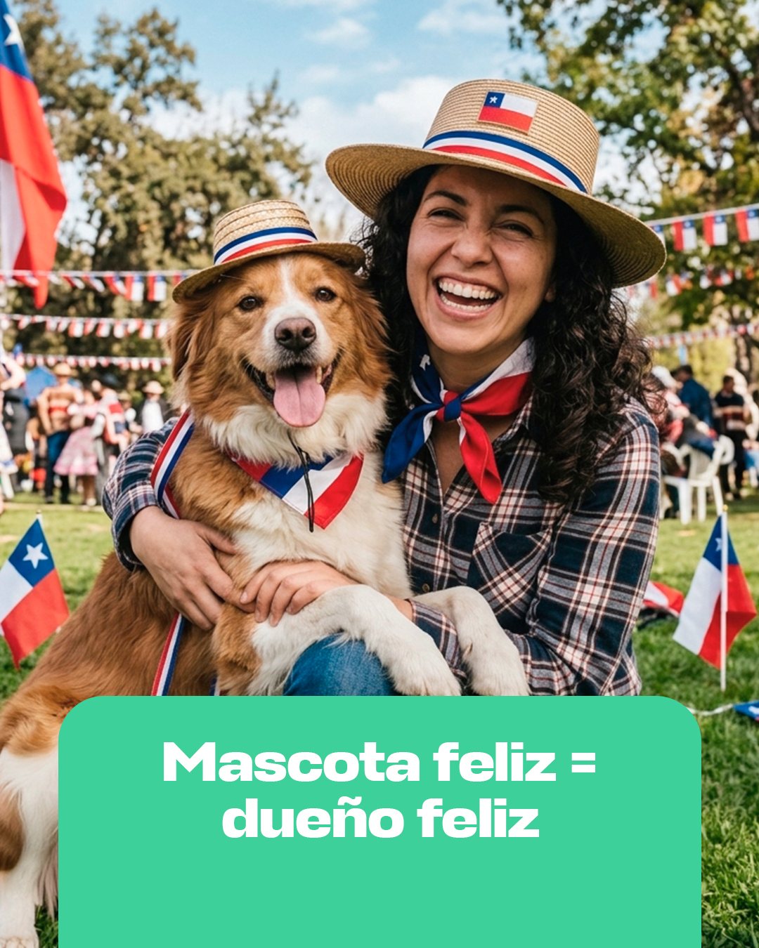 Lámina «Mascota feliz = dueño feliz»: mujer y perro con sombrero y pañuelo de Fiestas Patrias.