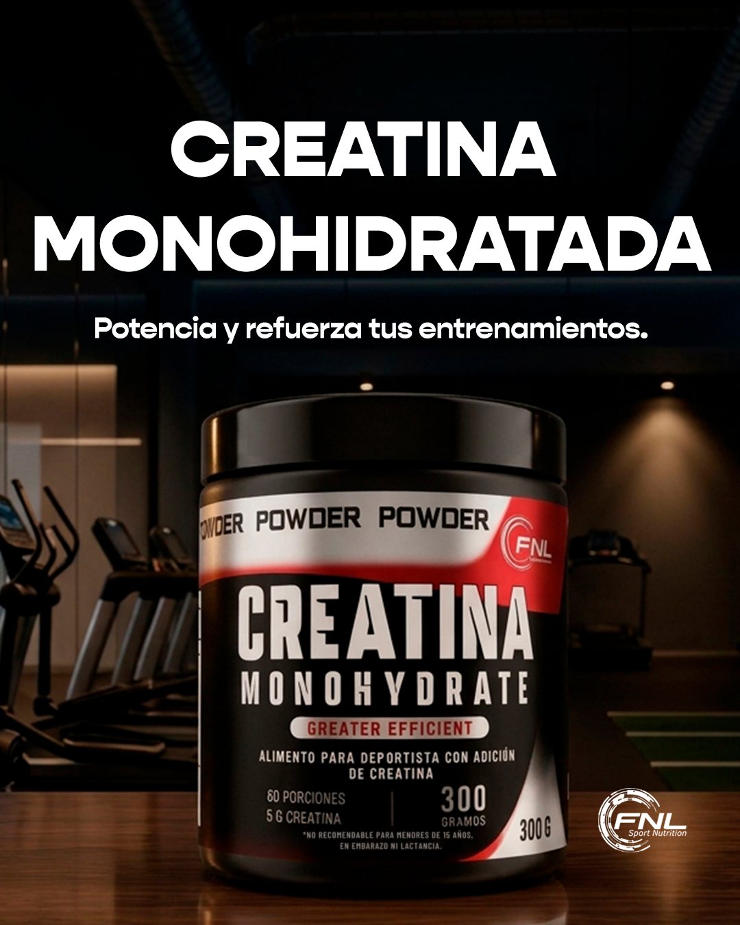 Portada de carrusel «Creatina monohidratada» con el tarro negro de 300 g en un gimnasio en penumbra.