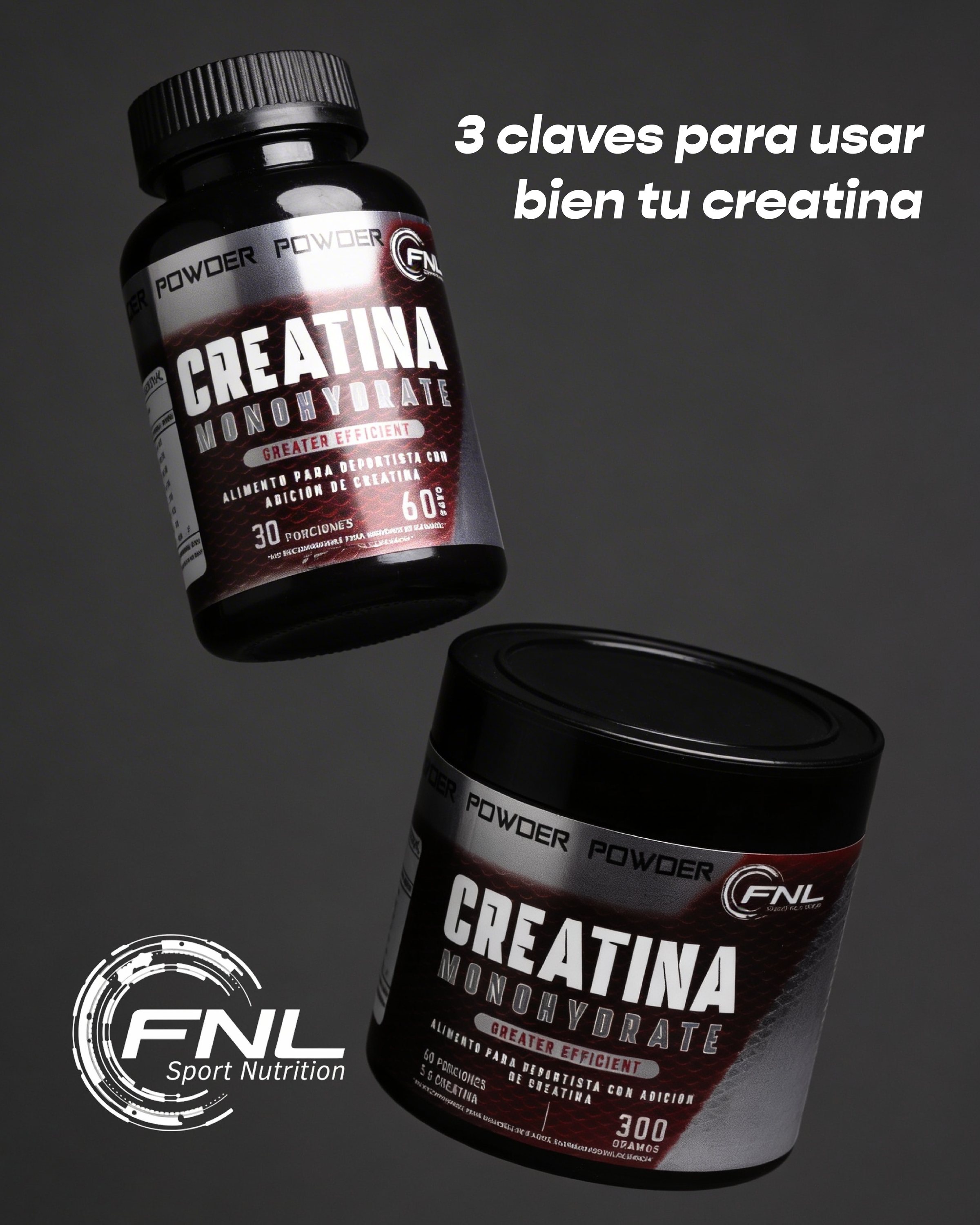 Portada de carrusel «3 claves para usar bien tu creatina», dos envases en el aire.