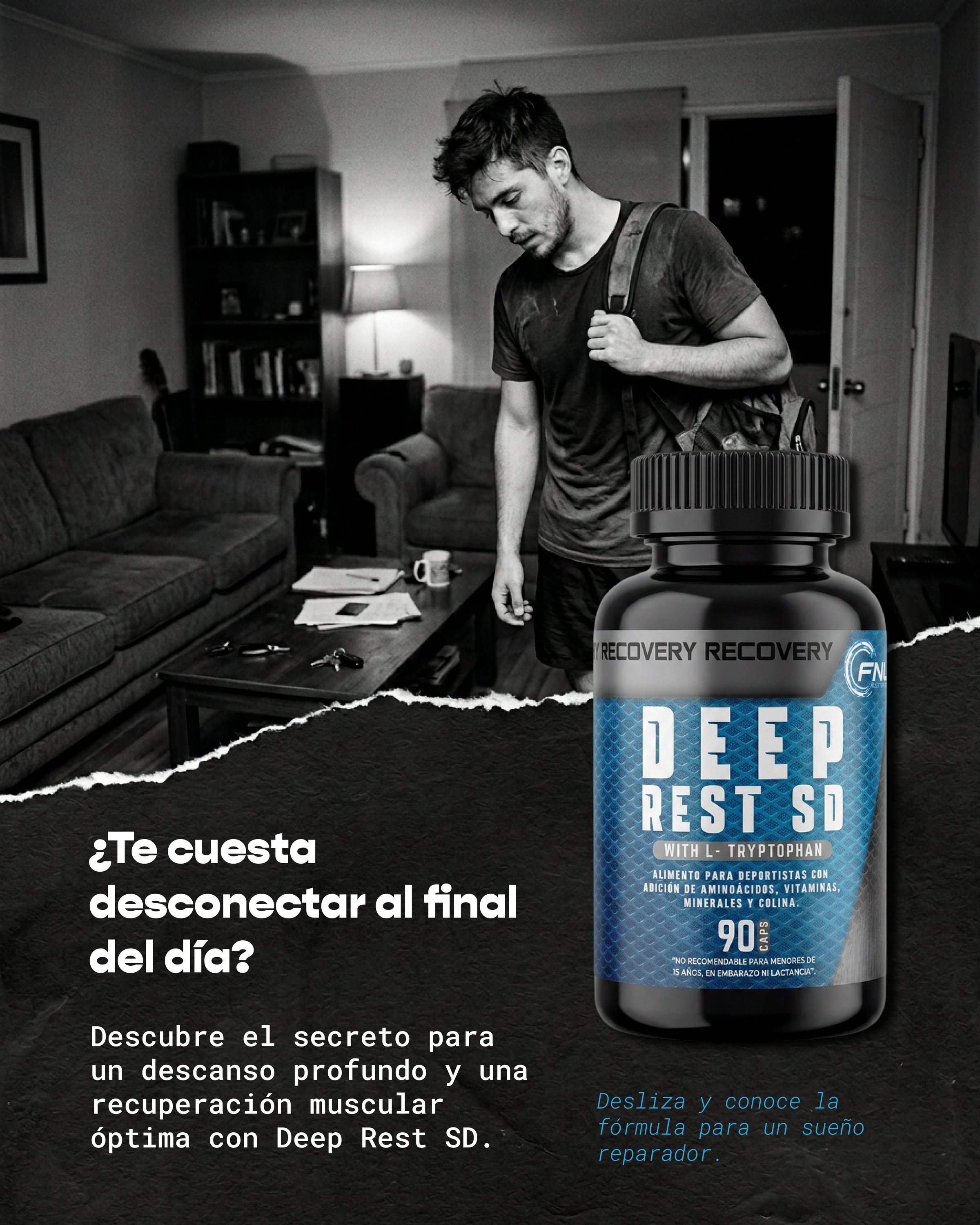 Portada de carrusel de Deep Rest SD: hombre cansado al llegar a casa, en blanco y negro.