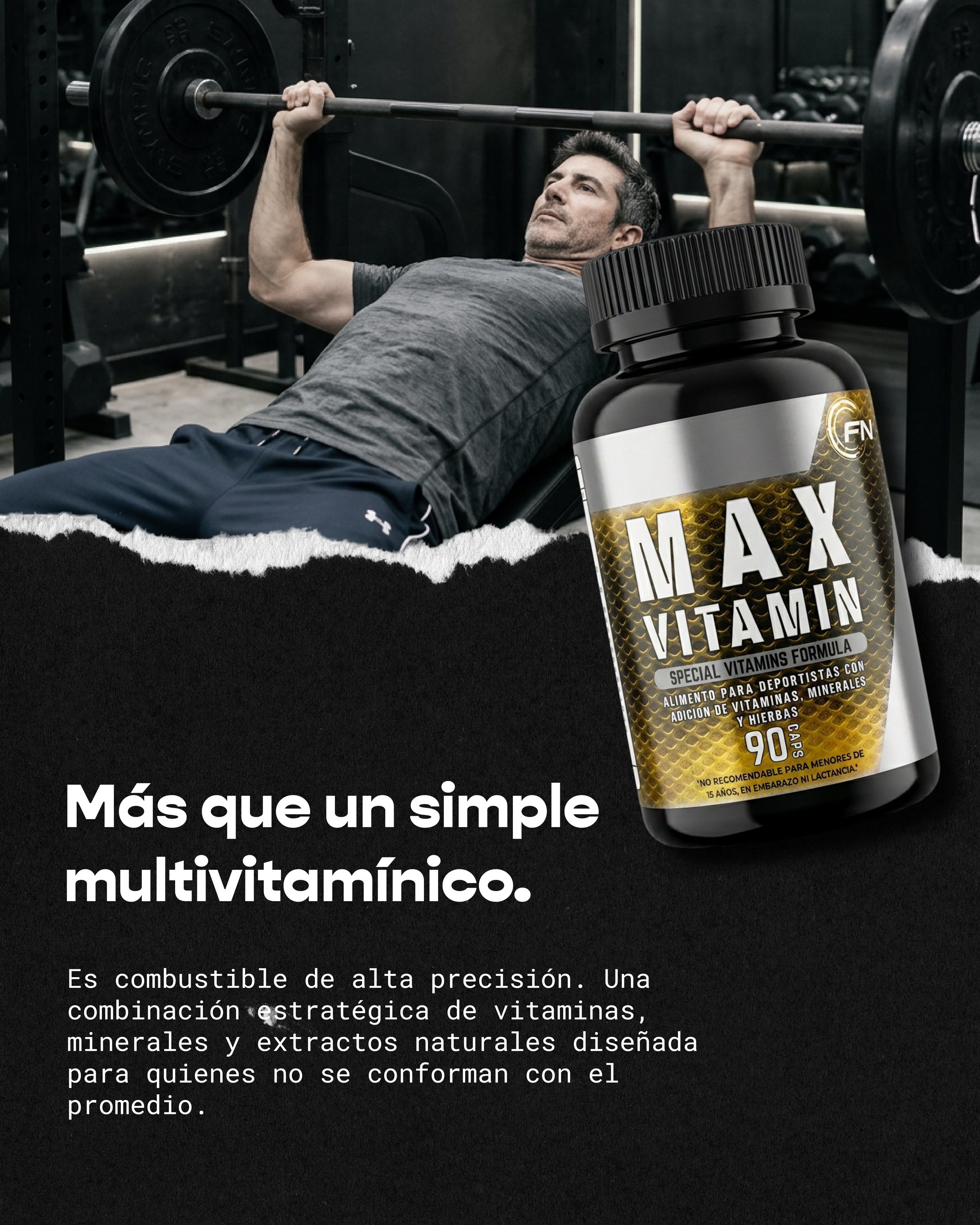 Lámina de Max Vitamin: hombre en press de banca y el frasco sobre papel rasgado.