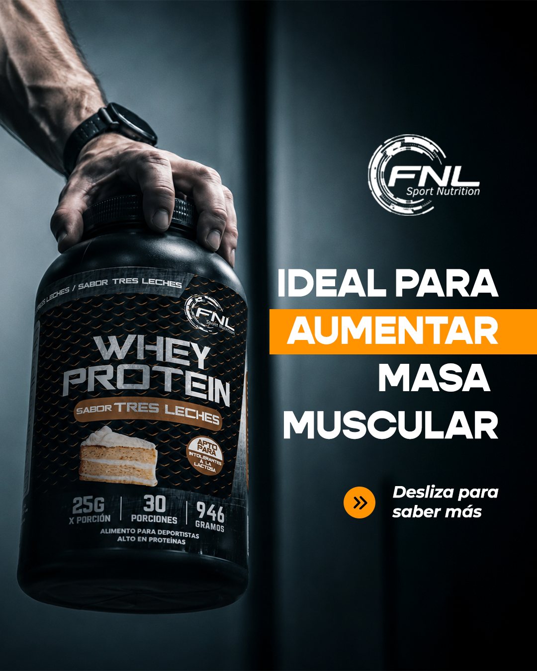 Portada de carrusel de Whey sabor tres leches: una mano levanta el tarro.