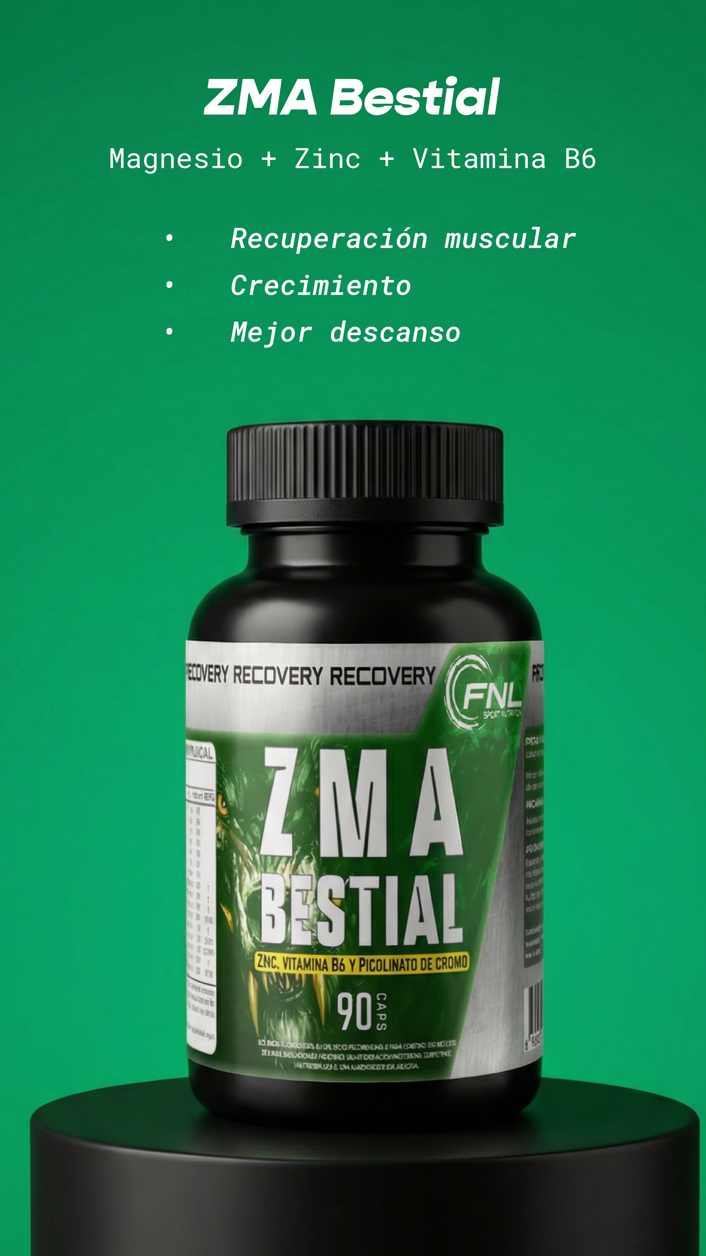 Historia de ZMA Bestial: frasco sobre un pedestal negro y fondo verde.