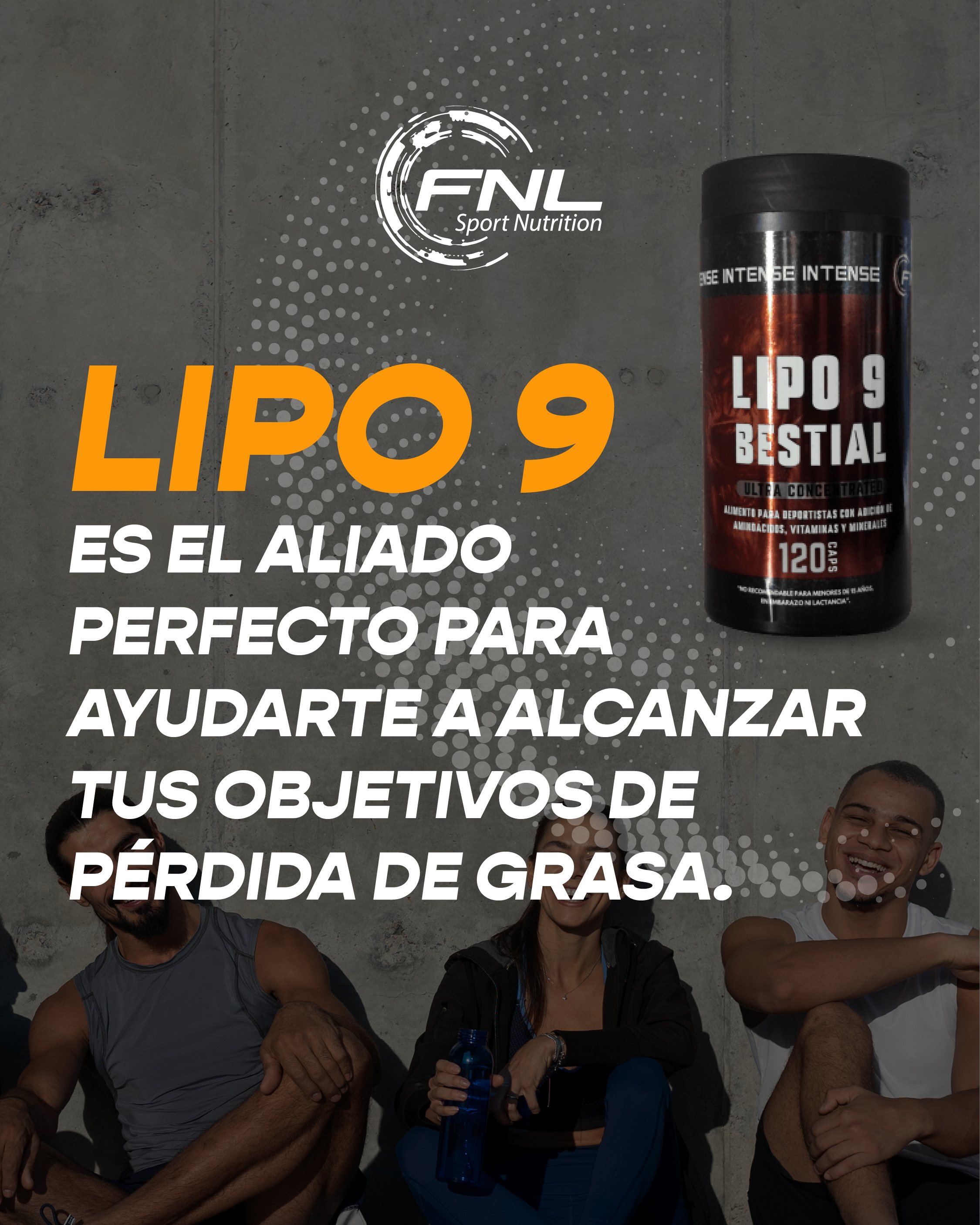 Post de Lipo 9 Bestial con letras naranjas sobre una foto de deportistas.