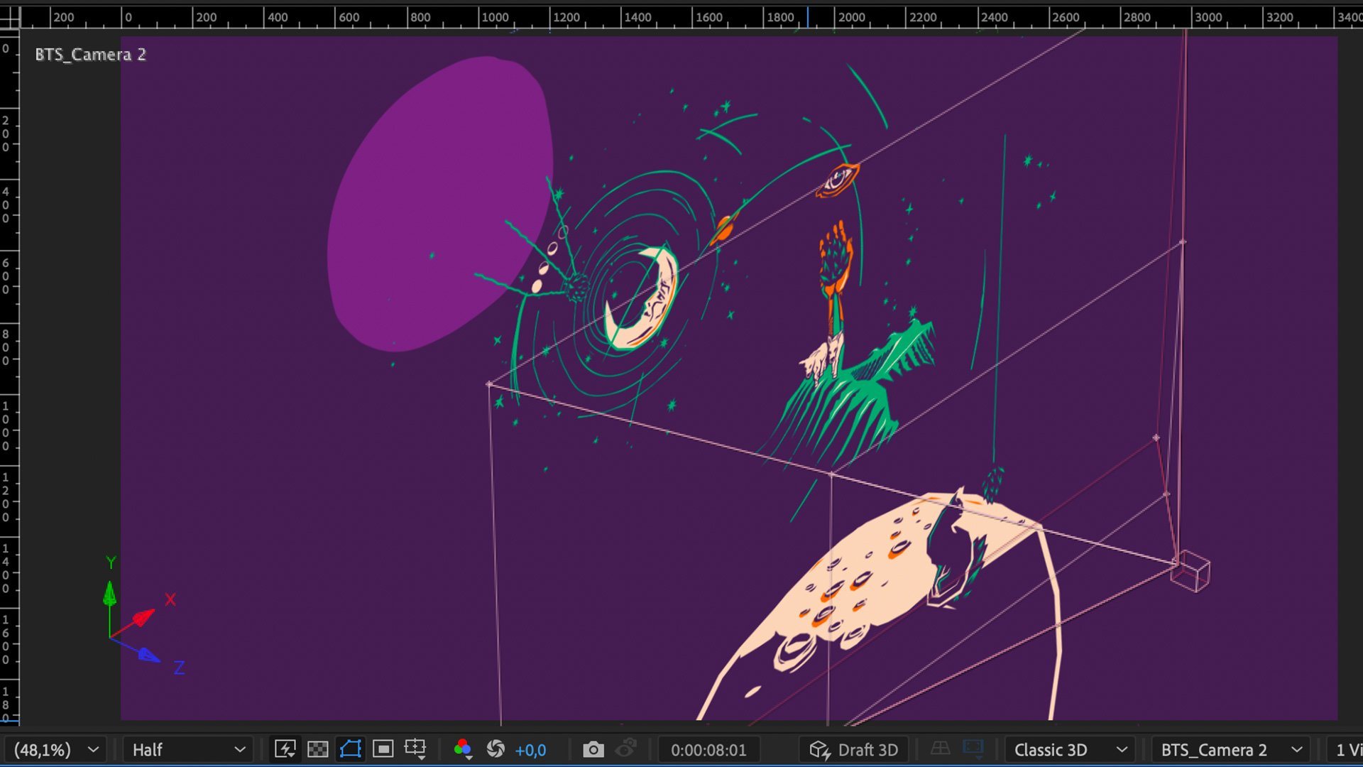 Composición de la Hazy APA en el espacio 3D de animación.