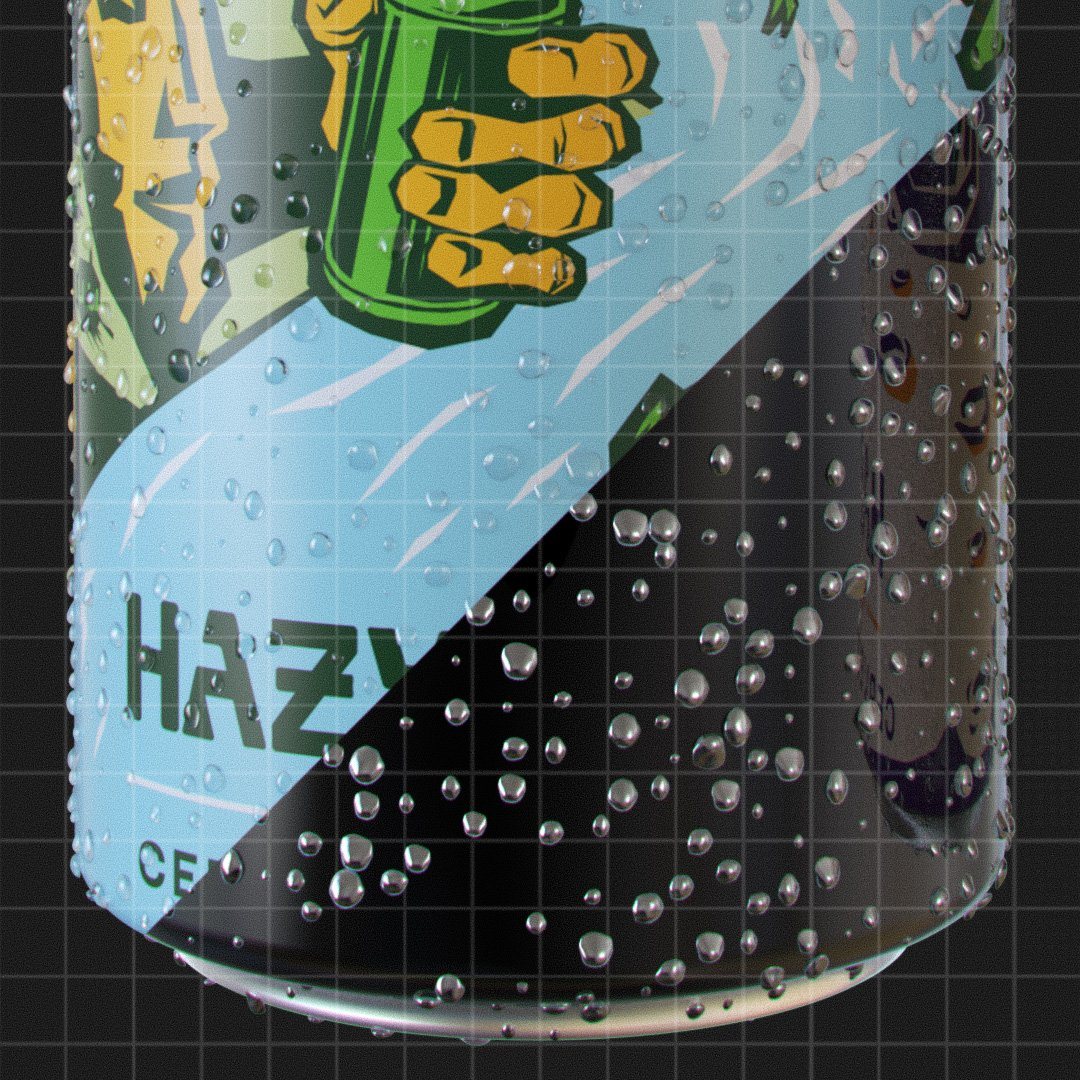 Lata Hazy en 3D: render y malla con gotas de condensación.